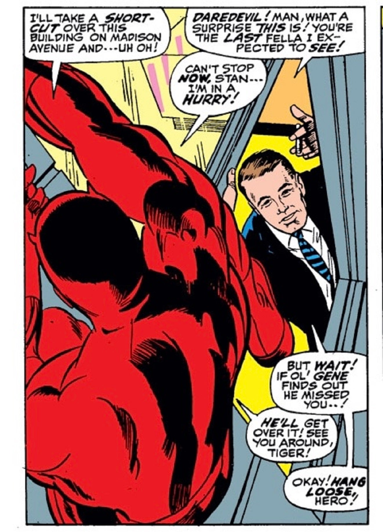 Panel of Daredevil swinging by a Marvel office