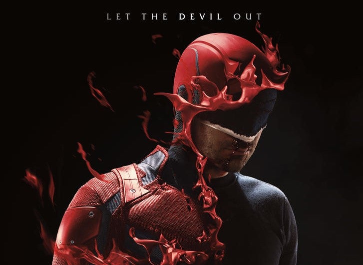 Daredevil season 3 poster featuring daredevil in black suit with red suit being burned off (stylistically) in flames