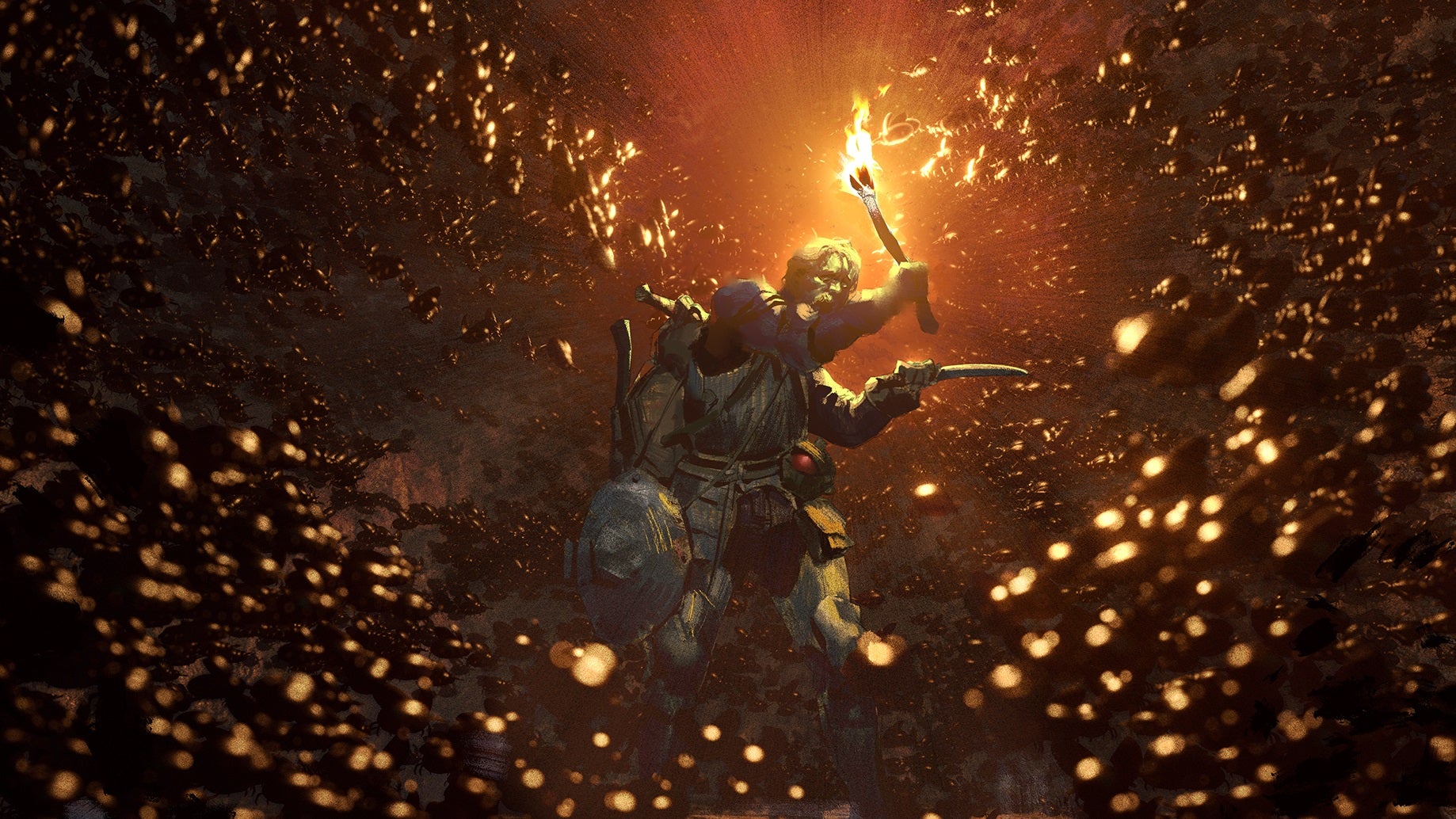 A person with a torch surrounded by a swarm of insects. I think they're about to become dinner. Or lunch. Or whatever time it is for the bugs.