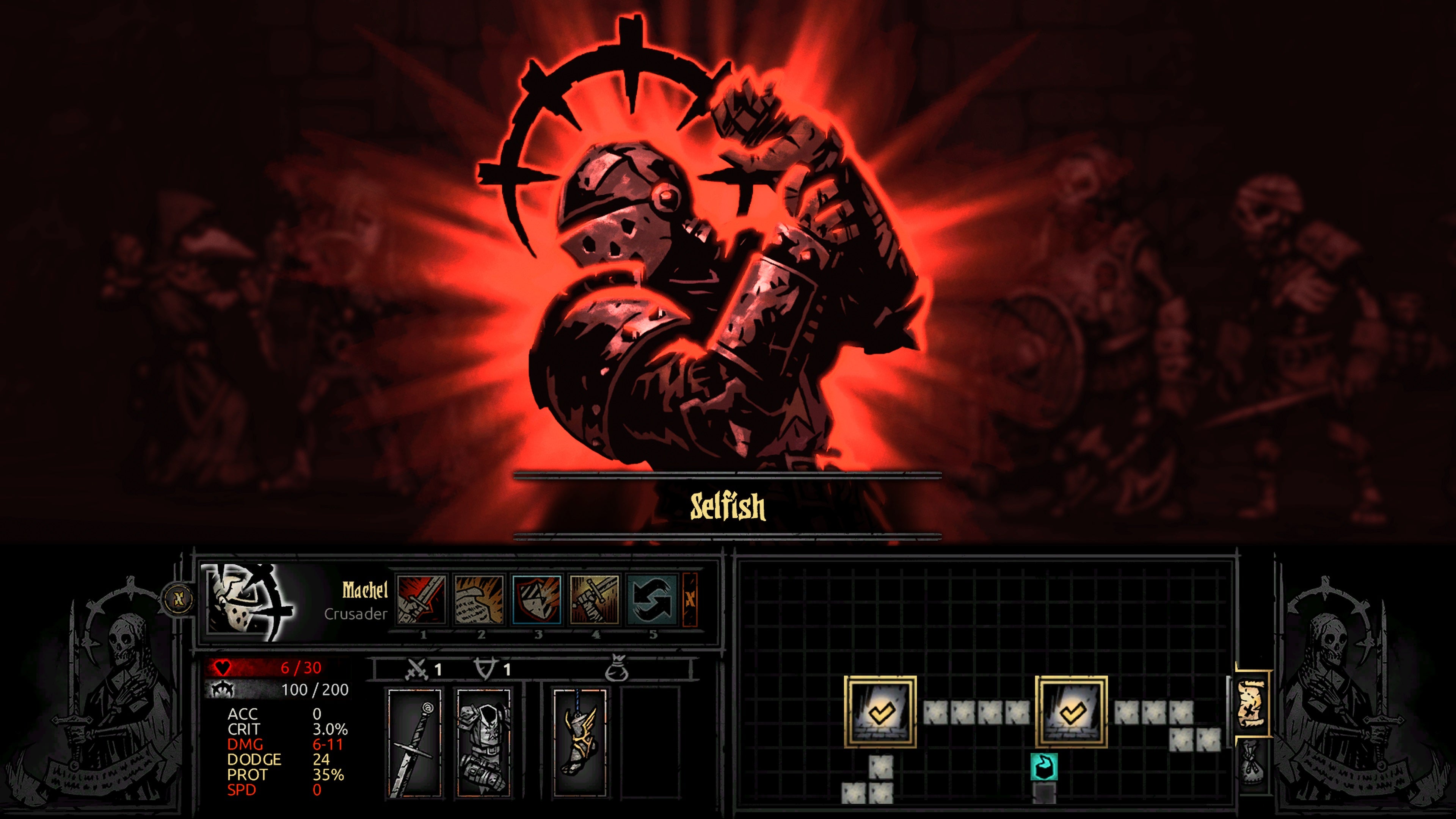A knight in armor surrounded by red light in a stance of pain. You are overly stressed and contracted an ailment in Darkest Dungeon. This character has become selfish, selfish.