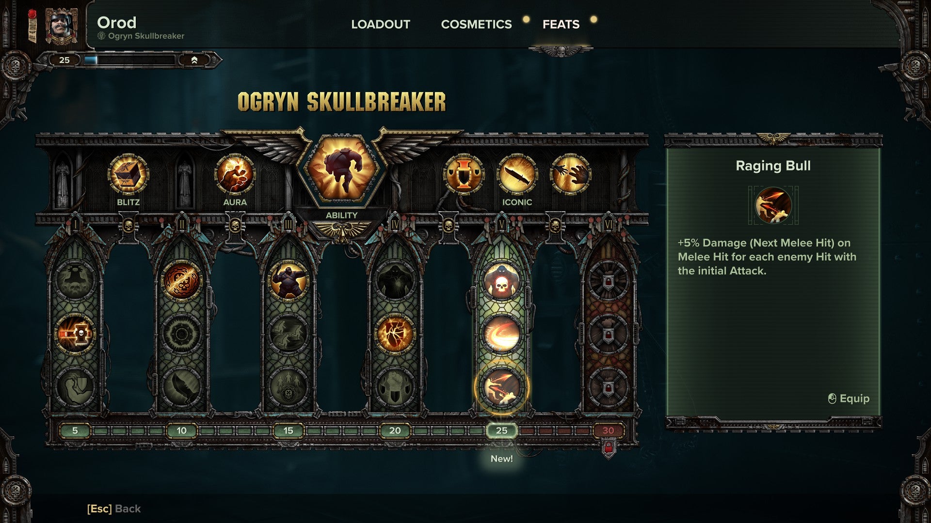 Darktide review - the Ogryn Feats screen showing your skill tree options