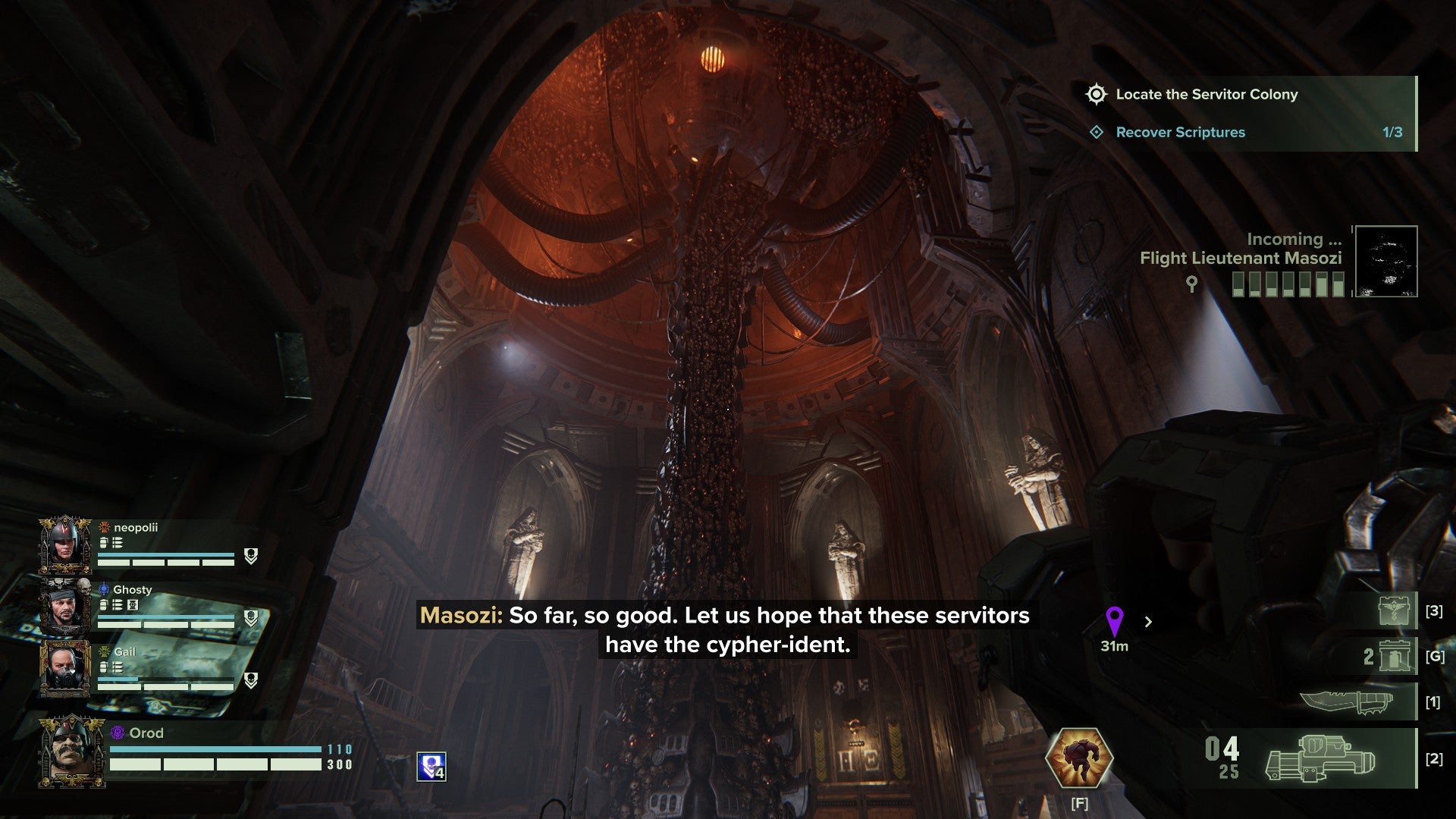 Darktide review - looking up at a giant spire of servitor skulls that you need to switch back on for a mission