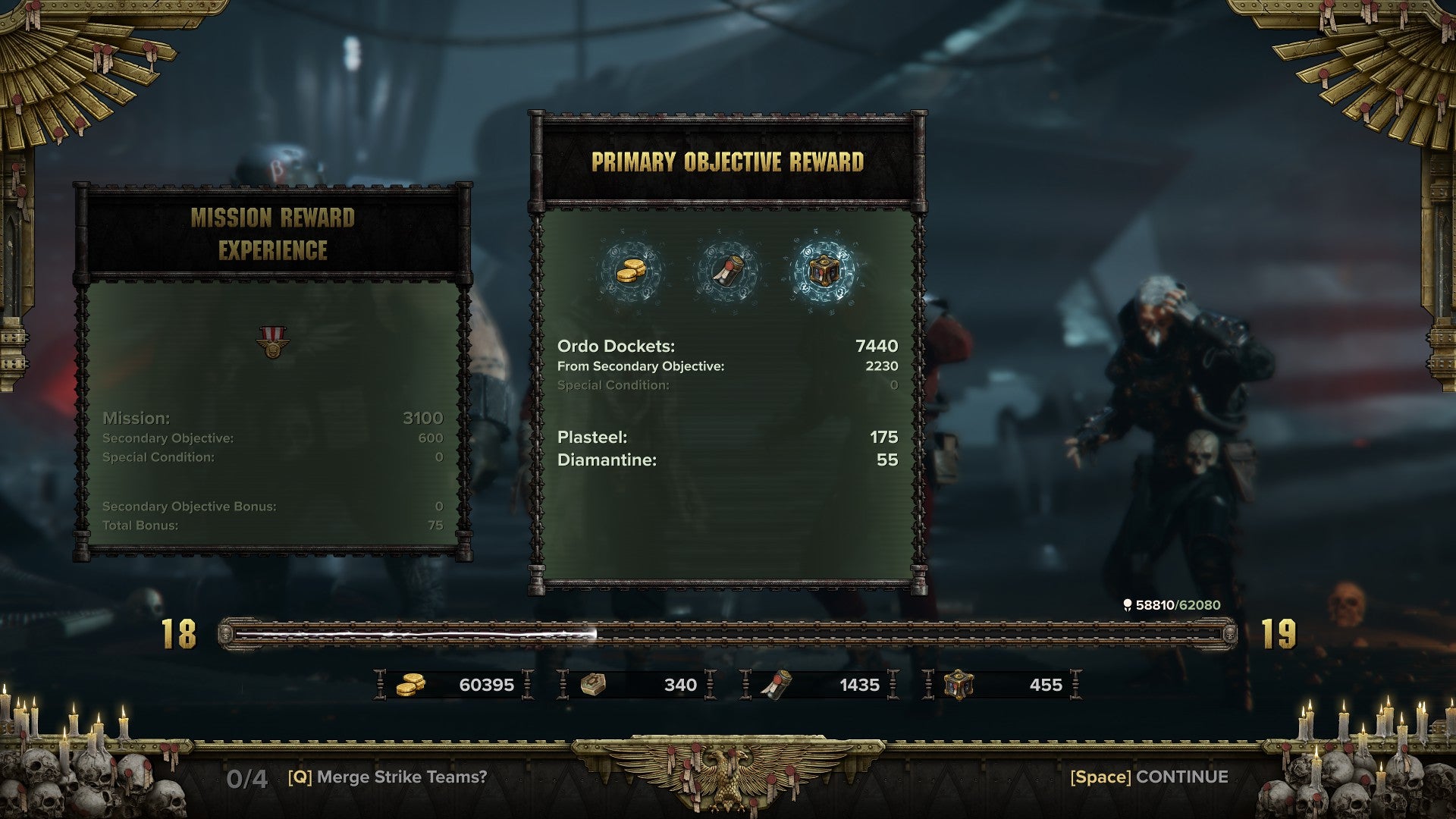 Darktide review - the end of level screen showing some rewards but not enough info