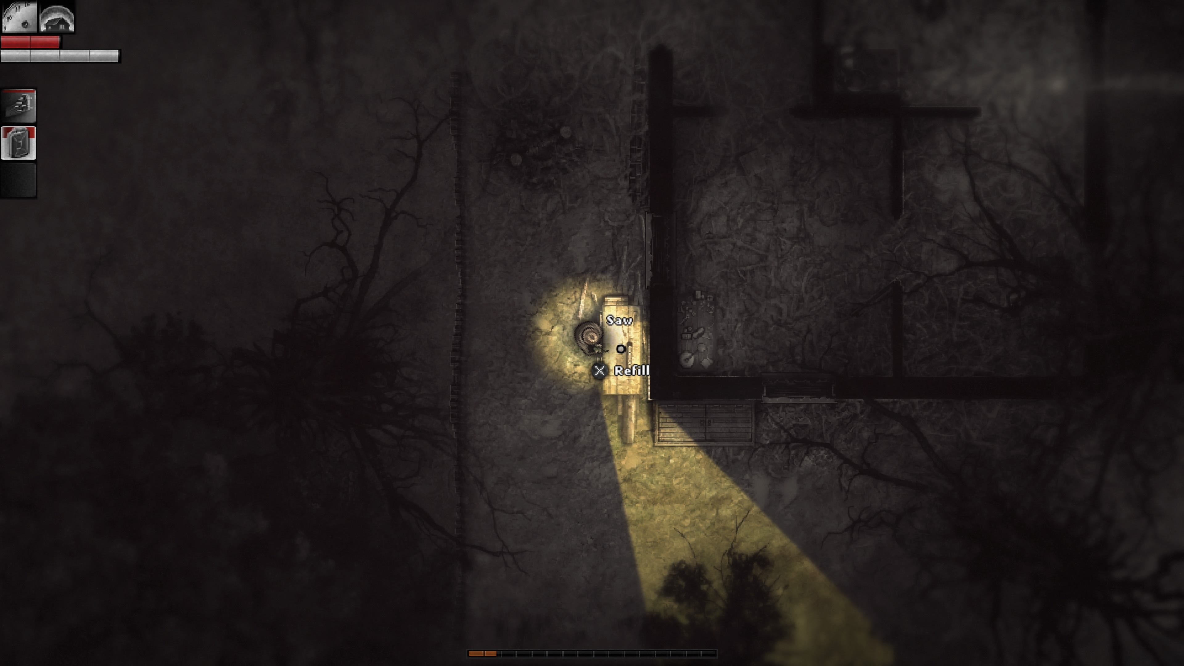 A top down image of a character using a sawmill outside of a house.  The house is just a vague outline of walls, and most of the entire image is dark except for a small ray of light coming from the character.  I wouldn't like to live here.