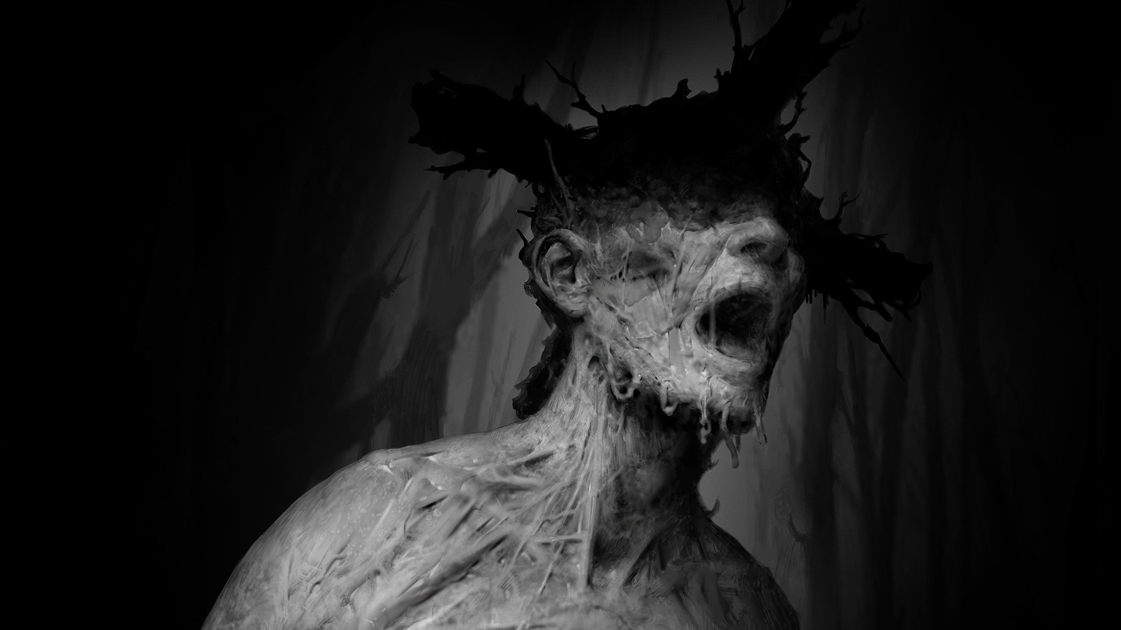 A greyscale image of a man in agony with something like a cross on his head. His skin appears to be melting. It's a distressing image. It's a horror game.