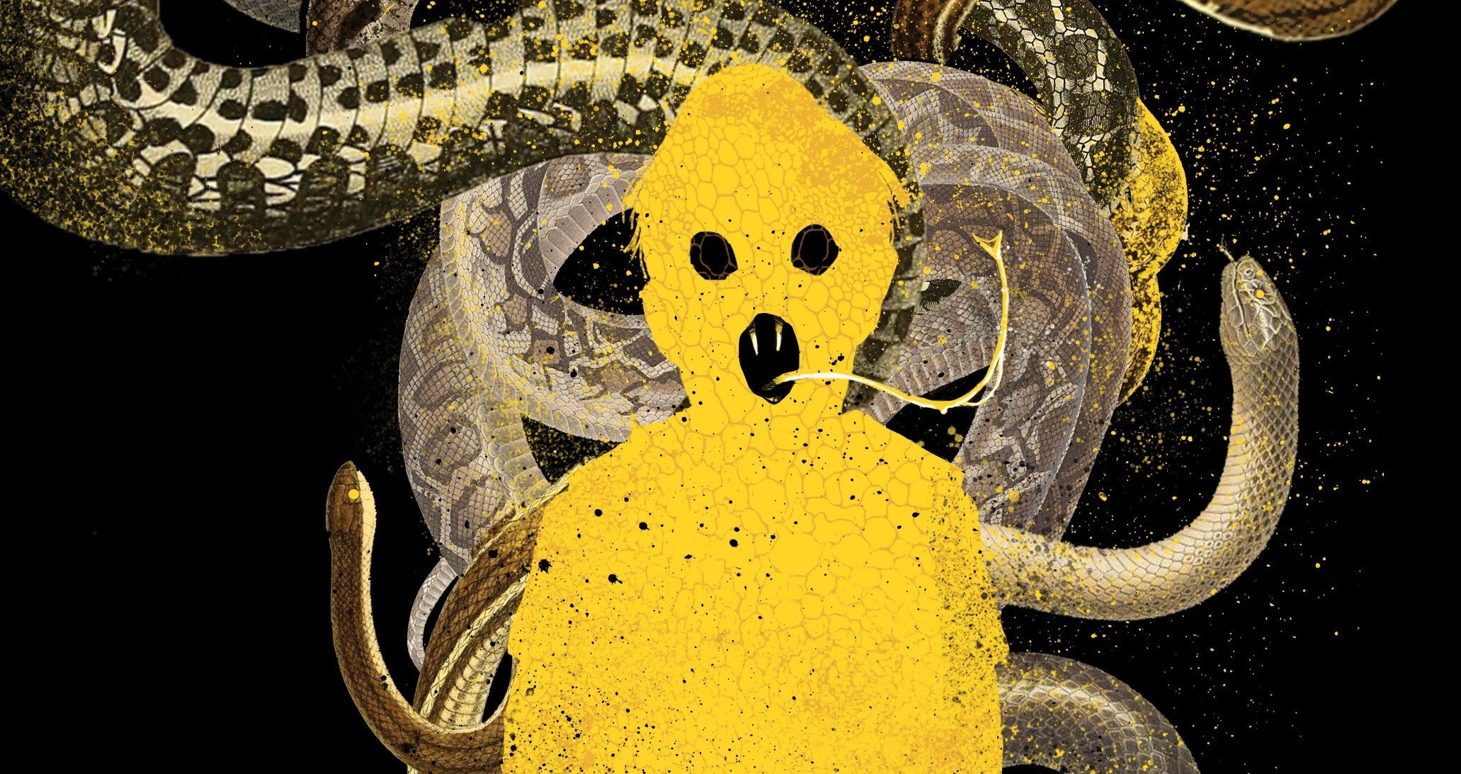 Cropped cover image featuring a boy ni yellow with a forked tongue and fangs