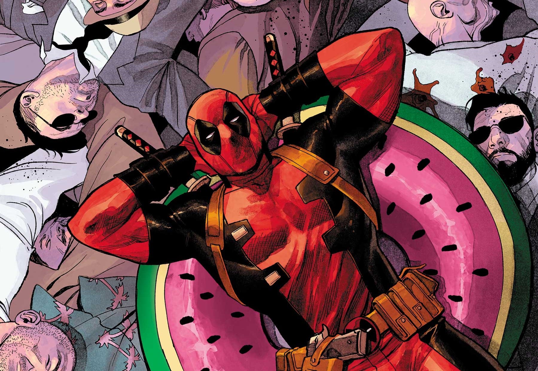 Deadpool relaxing on a watermelon floating device over a sea of what looks like dead bodies