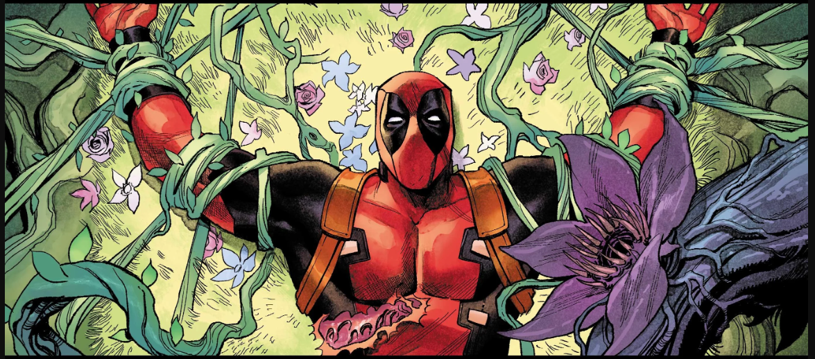 Interior panel featuring Deadpool being tied up by vines