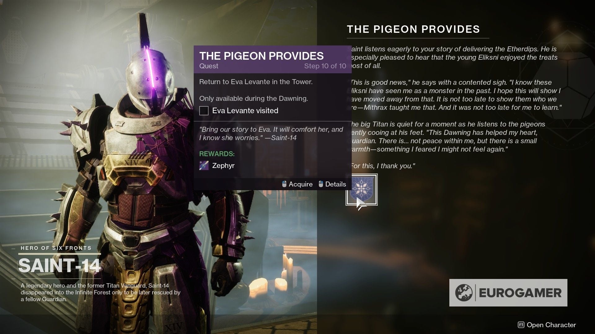 Destiny 2 The Pigeon Provides quest  How to start The Pigeon Provides and unlock Zephyr in Destiny 2 - 84