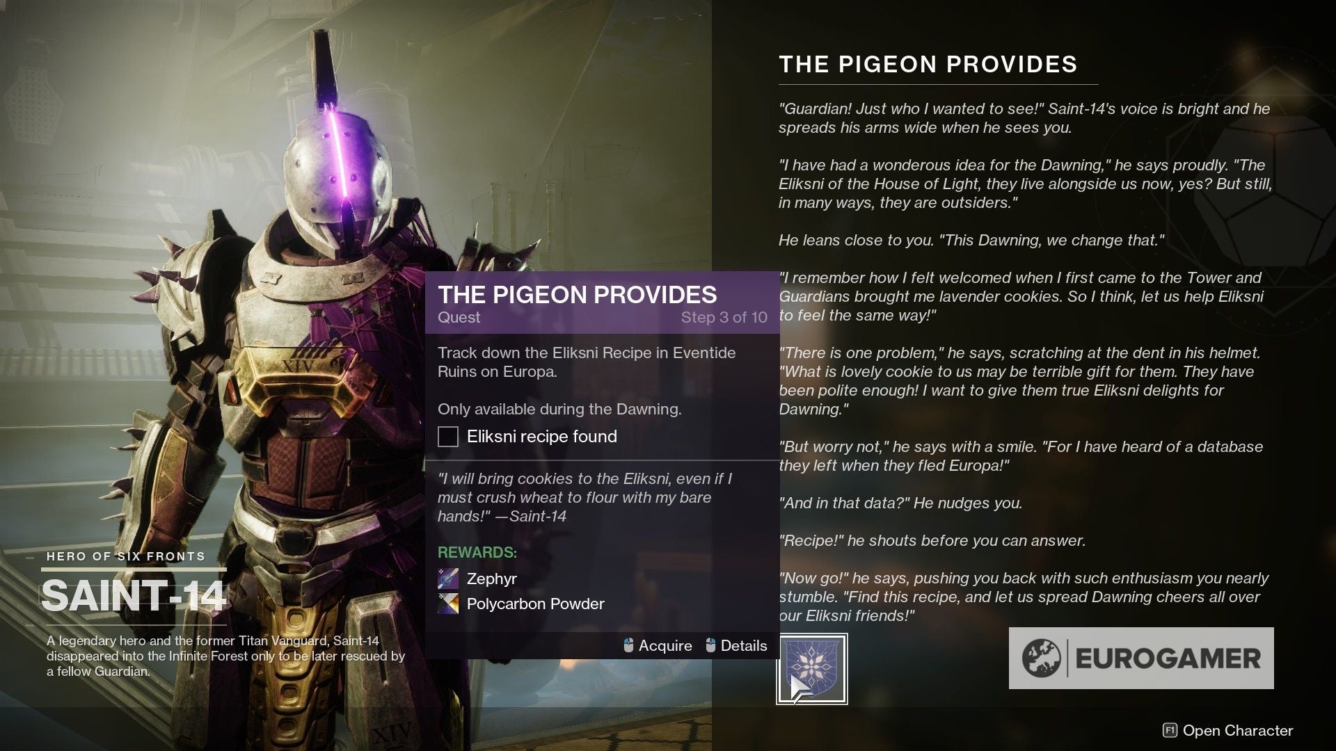 Destiny 2 The Pigeon Provides quest  How to start The Pigeon Provides and unlock Zephyr in Destiny 2 - 75