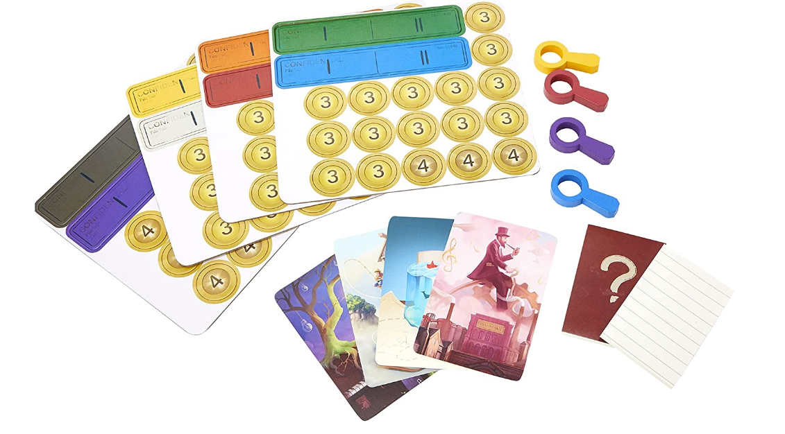 Some cards from within the Detective Club game box. There are counters and some mini magnifying glasses in multiple colours, and they're very cute.