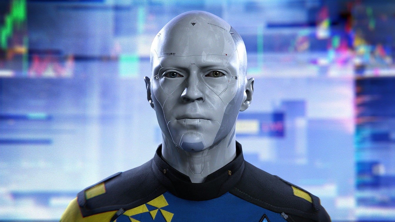 A picture of a gray-skinned android from Detroit: Become Human