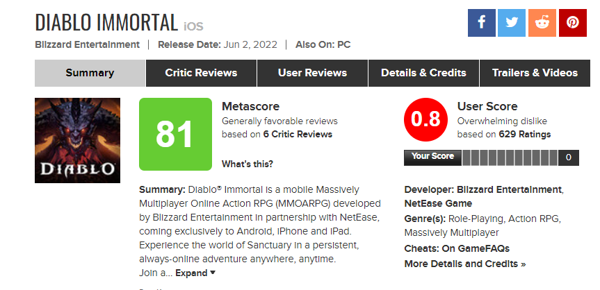 Imagem para Diablo Immortal arrasado por completo no Metacritic