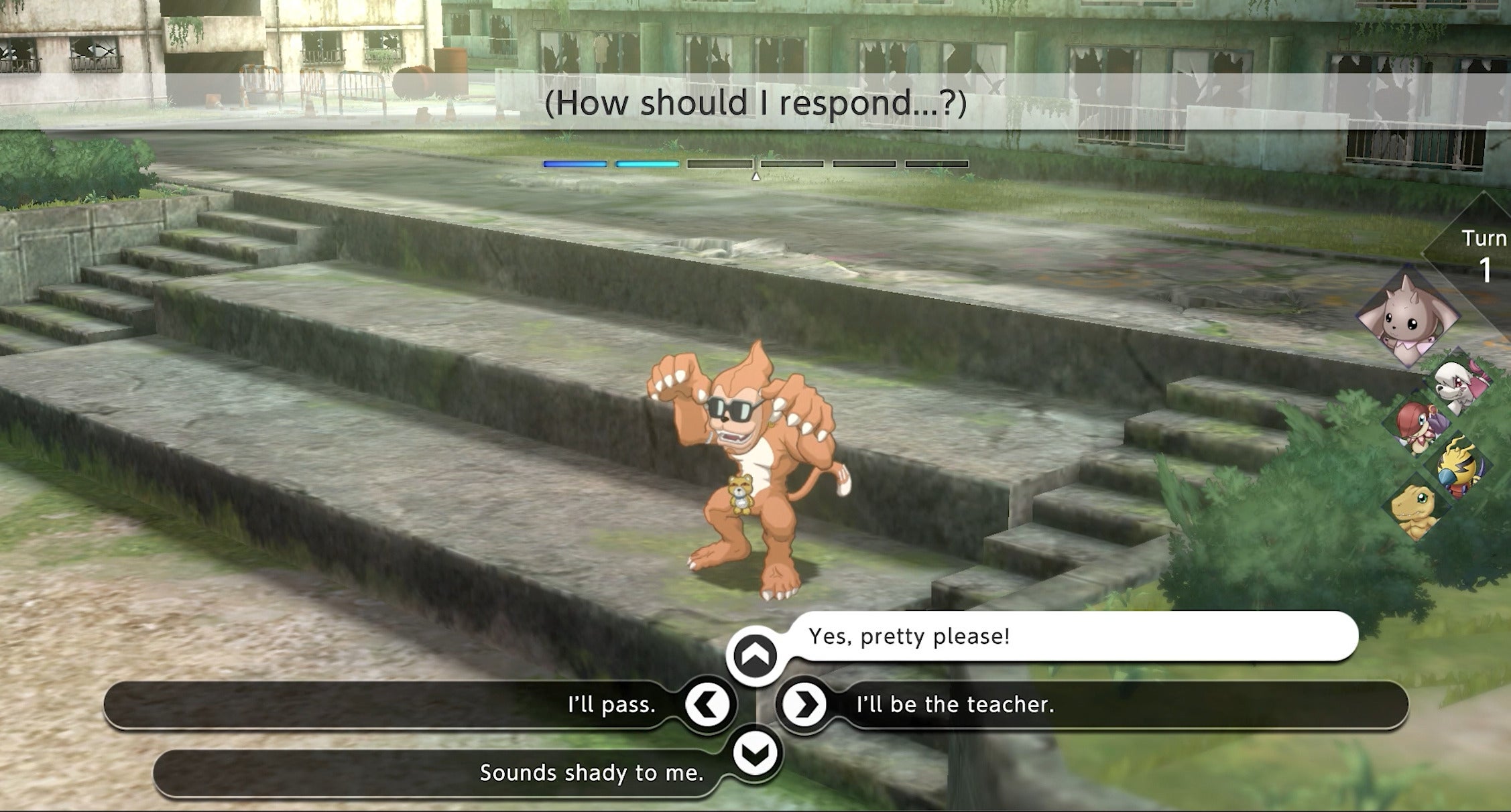 Um adversário de Digimon Survive e as opções de diálogo.