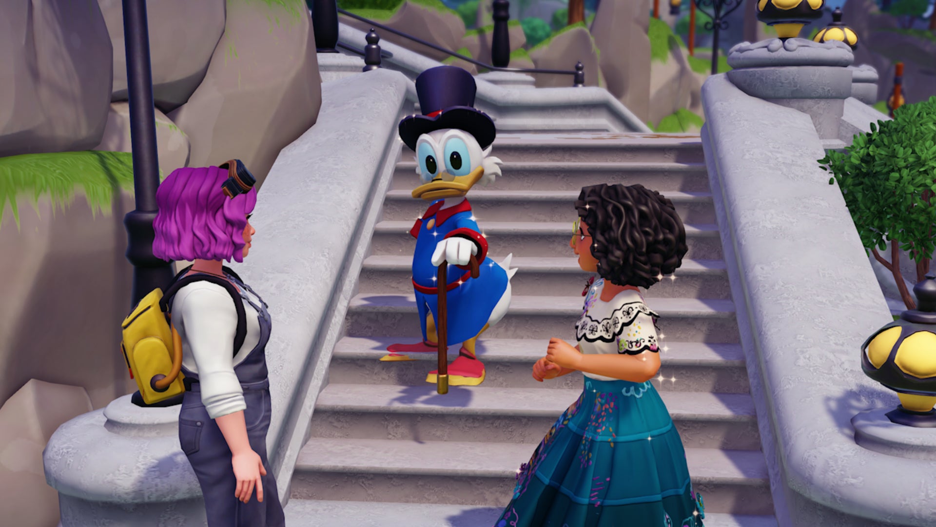 Disney Dreamlight Valley, Mirabel and a character are facing Scrooge on the steps.
