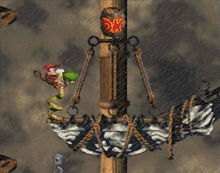 Diddy Kong riding a snake jumping on a pirate ship's mast