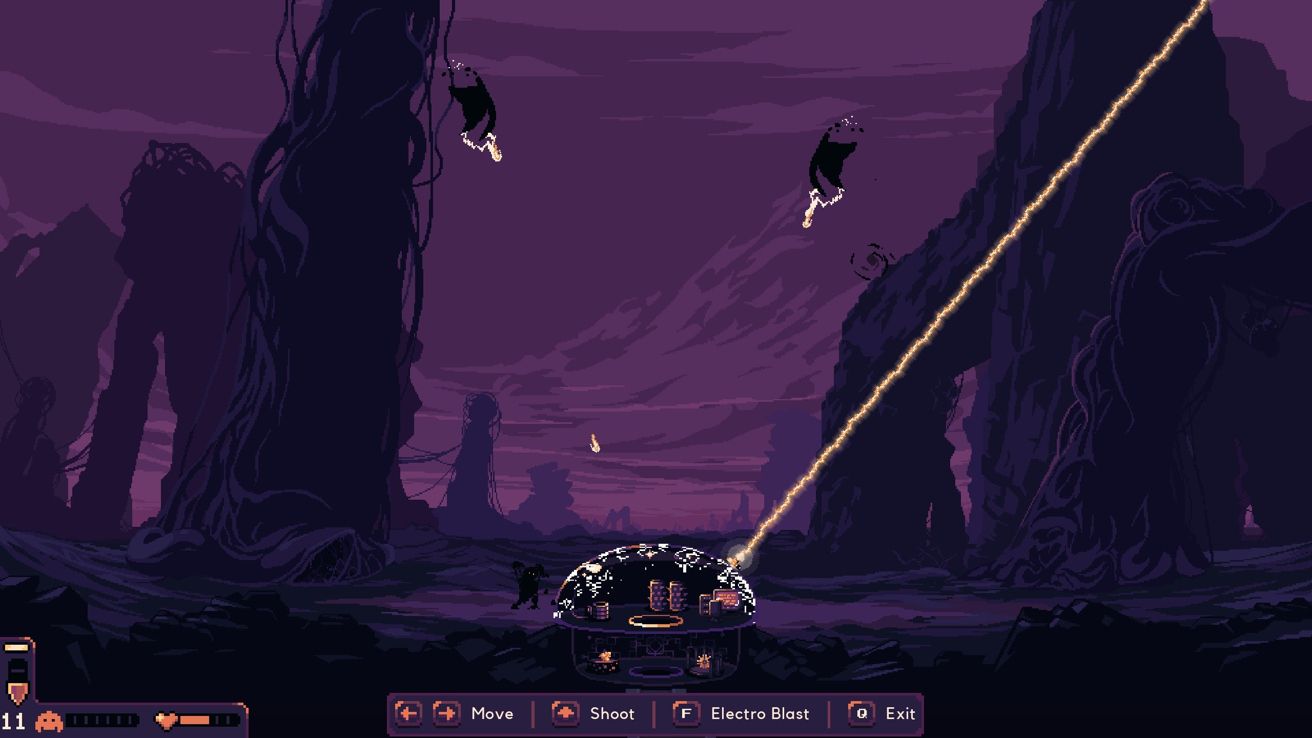 A beam fires from a canon on a glass domed roof, on a purple planet, as enemies attack from above.
