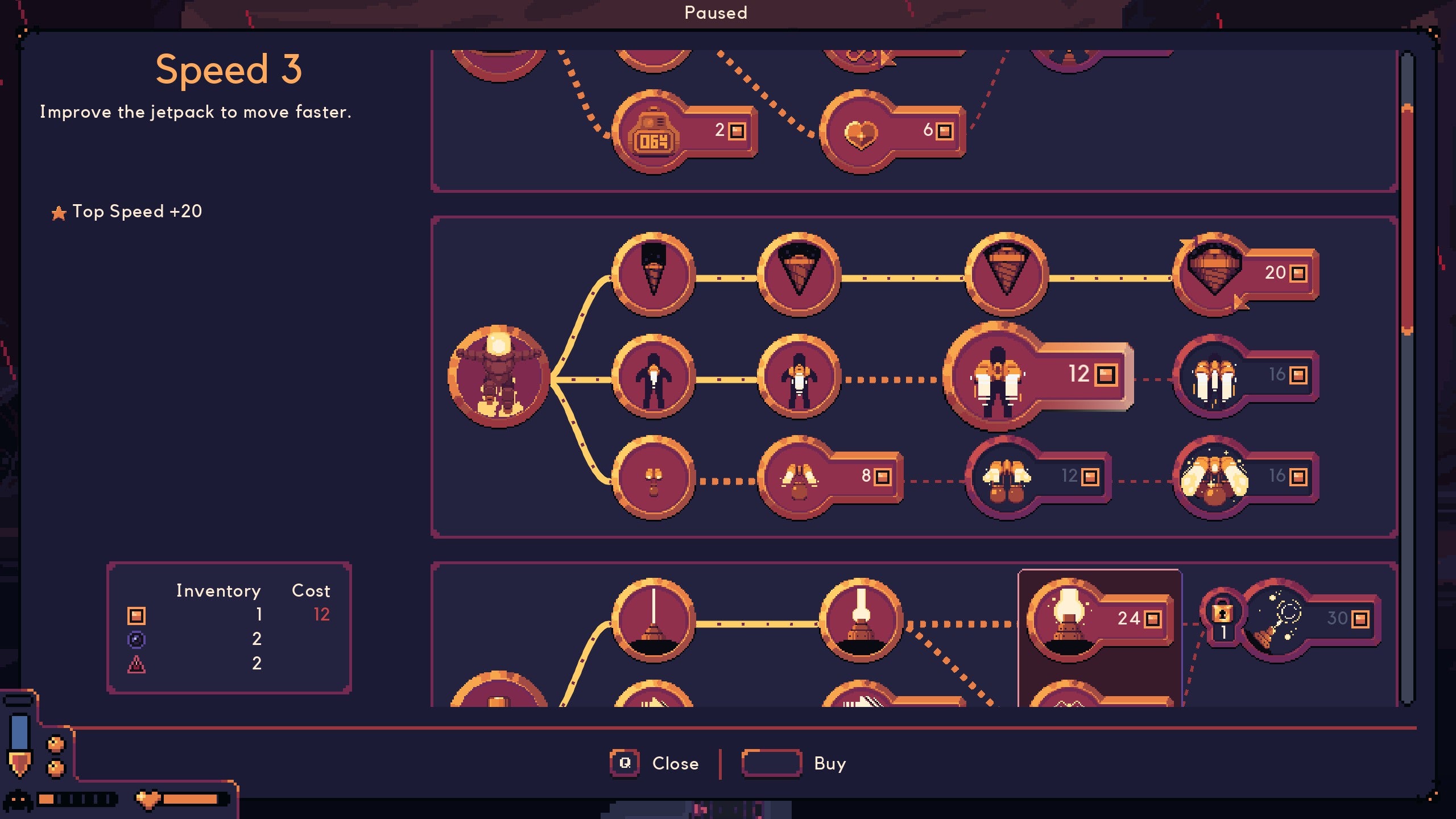 One of the many upgrade trees in Dome Keeper. A series of orange icons with pictures in.