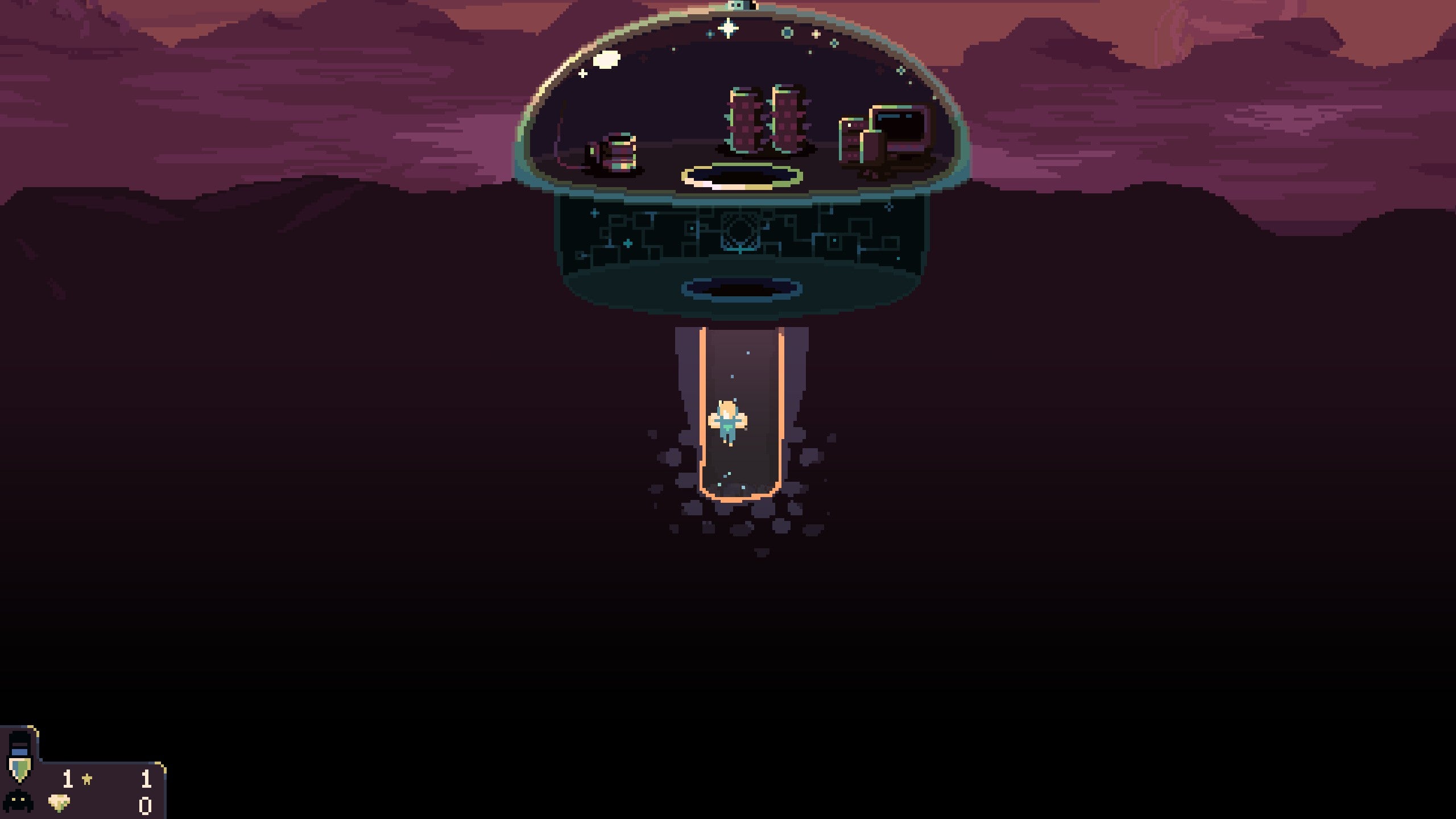 The beginning of a Dome Keeper game. A small glass-domed base, and a small tube leading to the ground below.