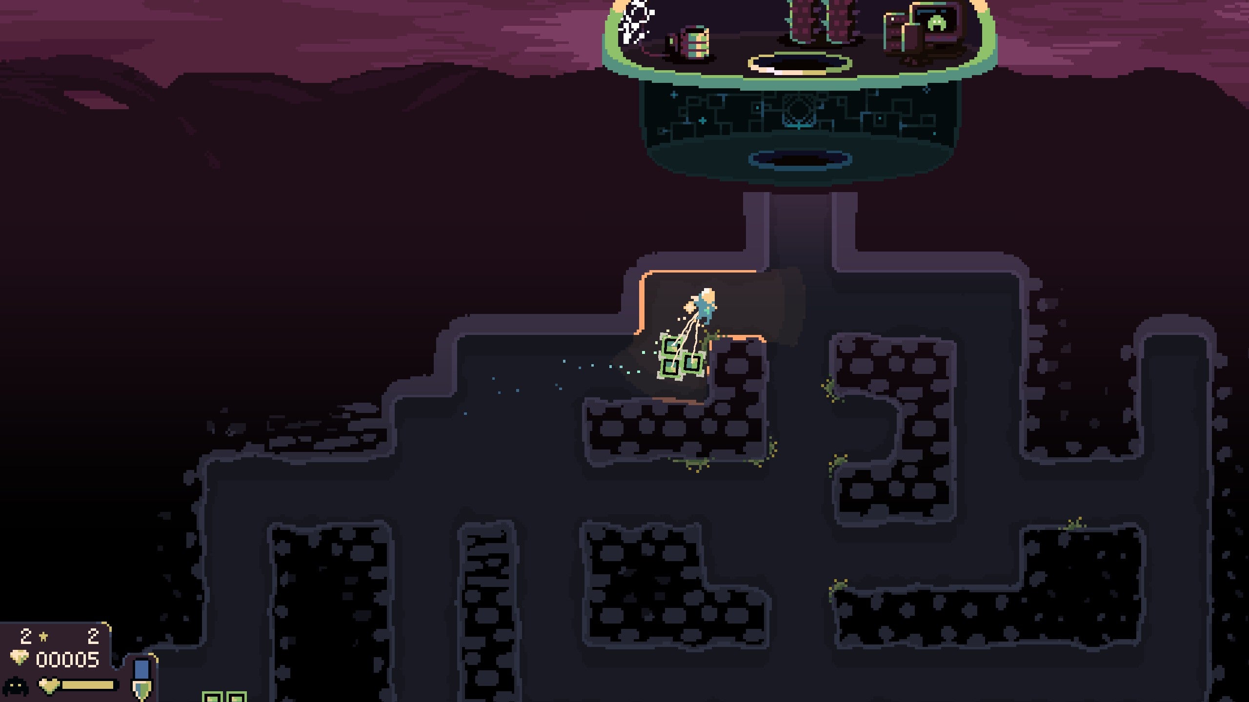 A small jetpacked person flies resources back to a domed base through a series of dug tunnels.