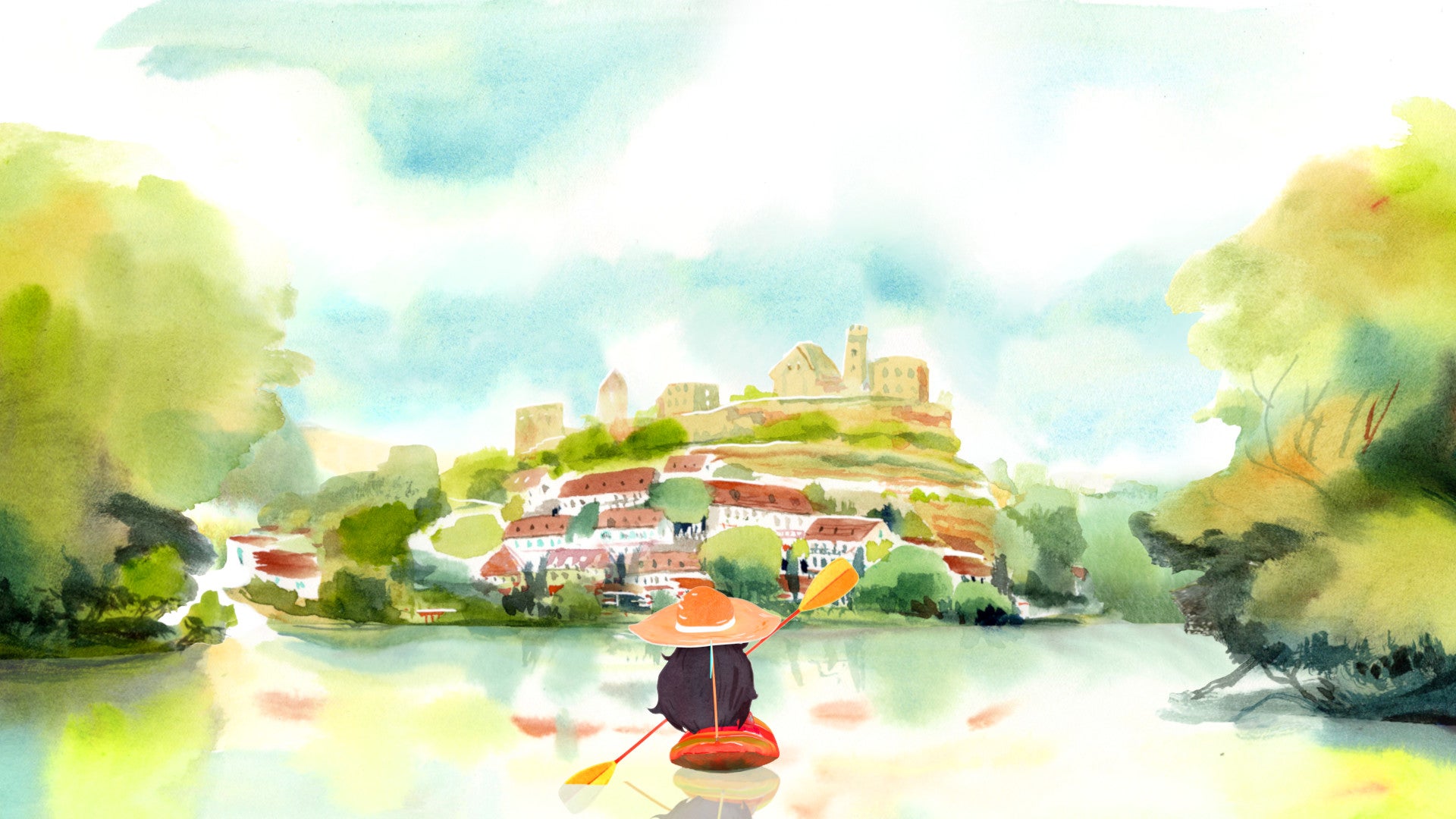 Dordogne - a watercolour still of a girl rowing a little kayak down a river towards a distant French village, surrounded by greenery