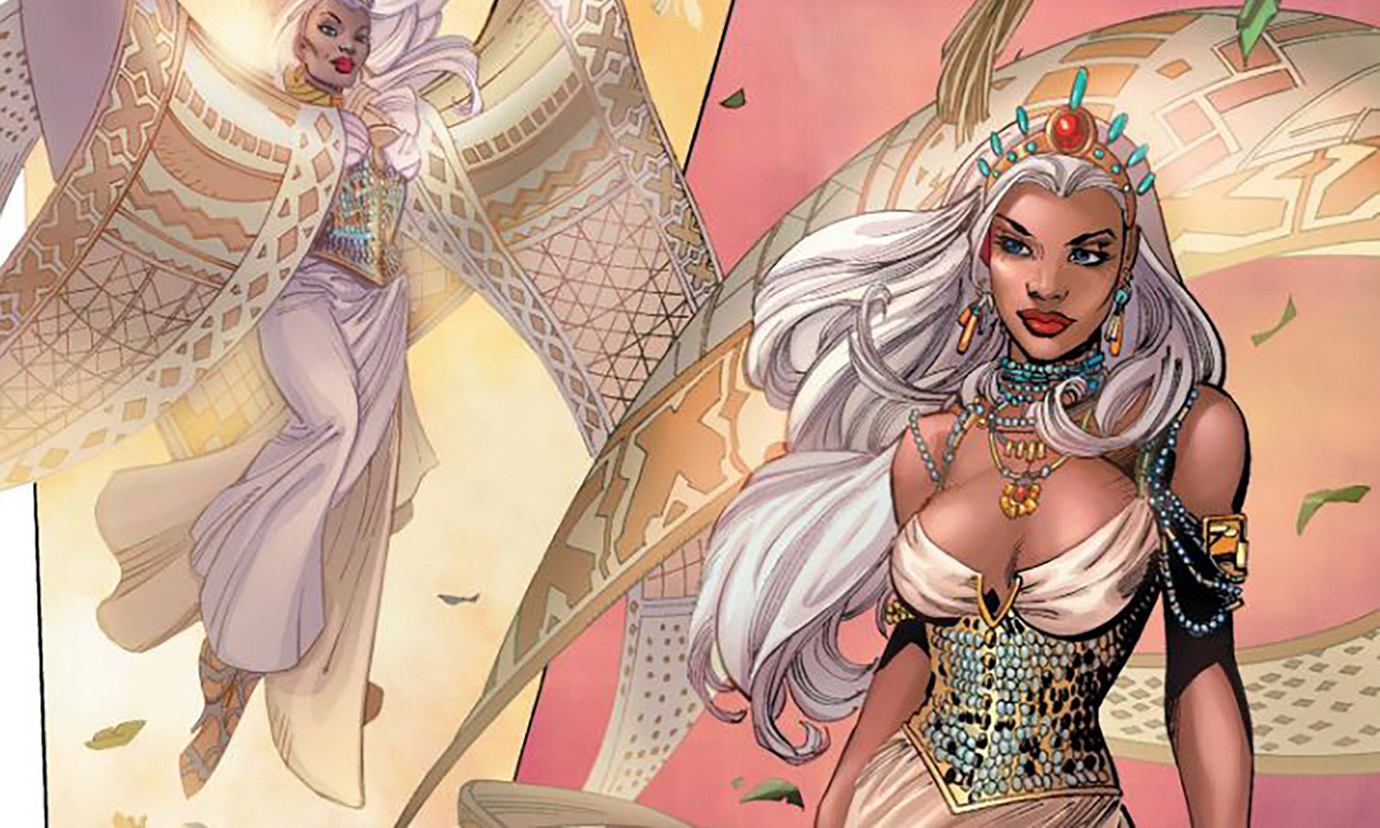 Storm of the X-Men descends from the skies like the goddess she as she arrives at her wedding ceremony.