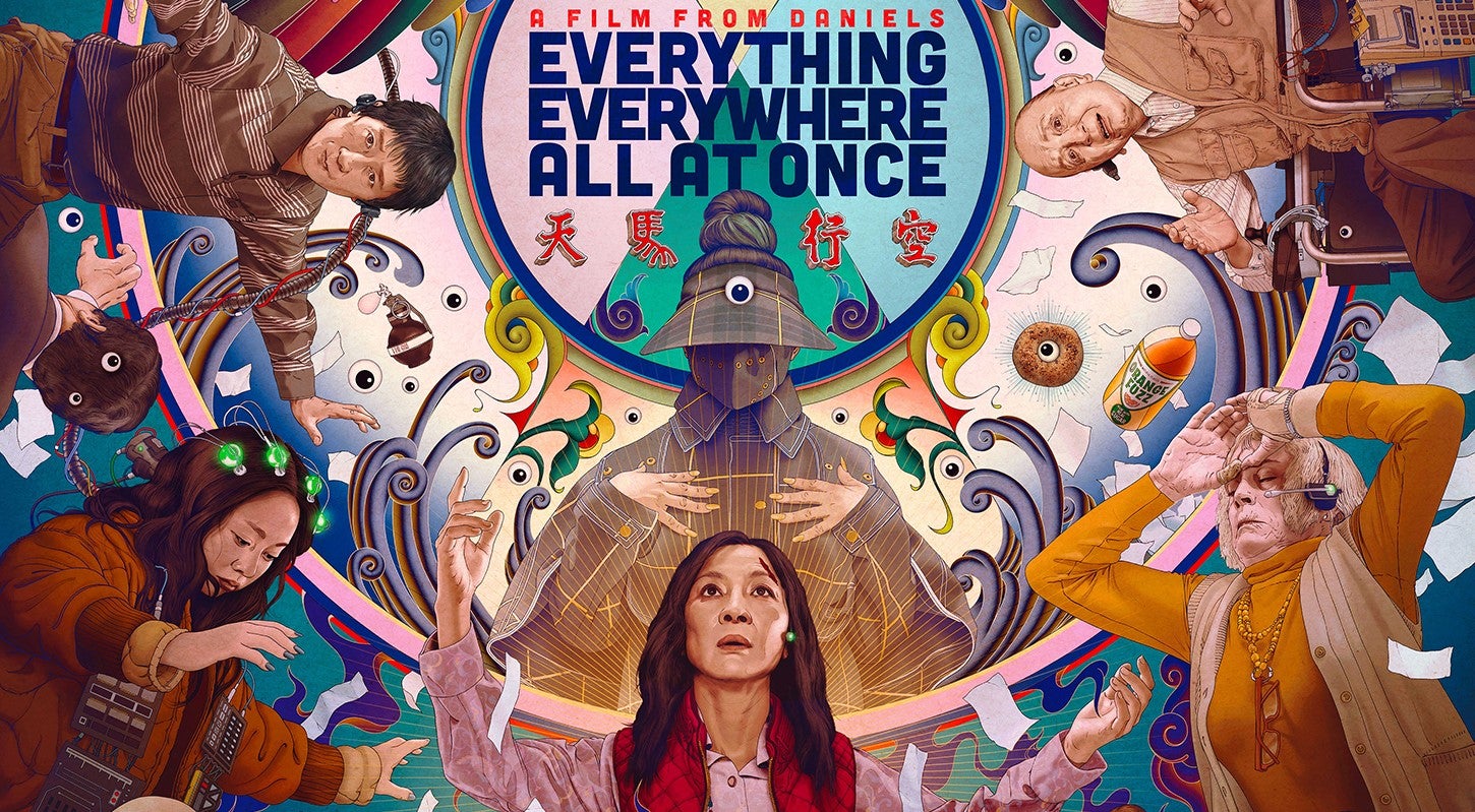 Cropped illustrated Everything Everywhere All at Once poster featuring cast of film