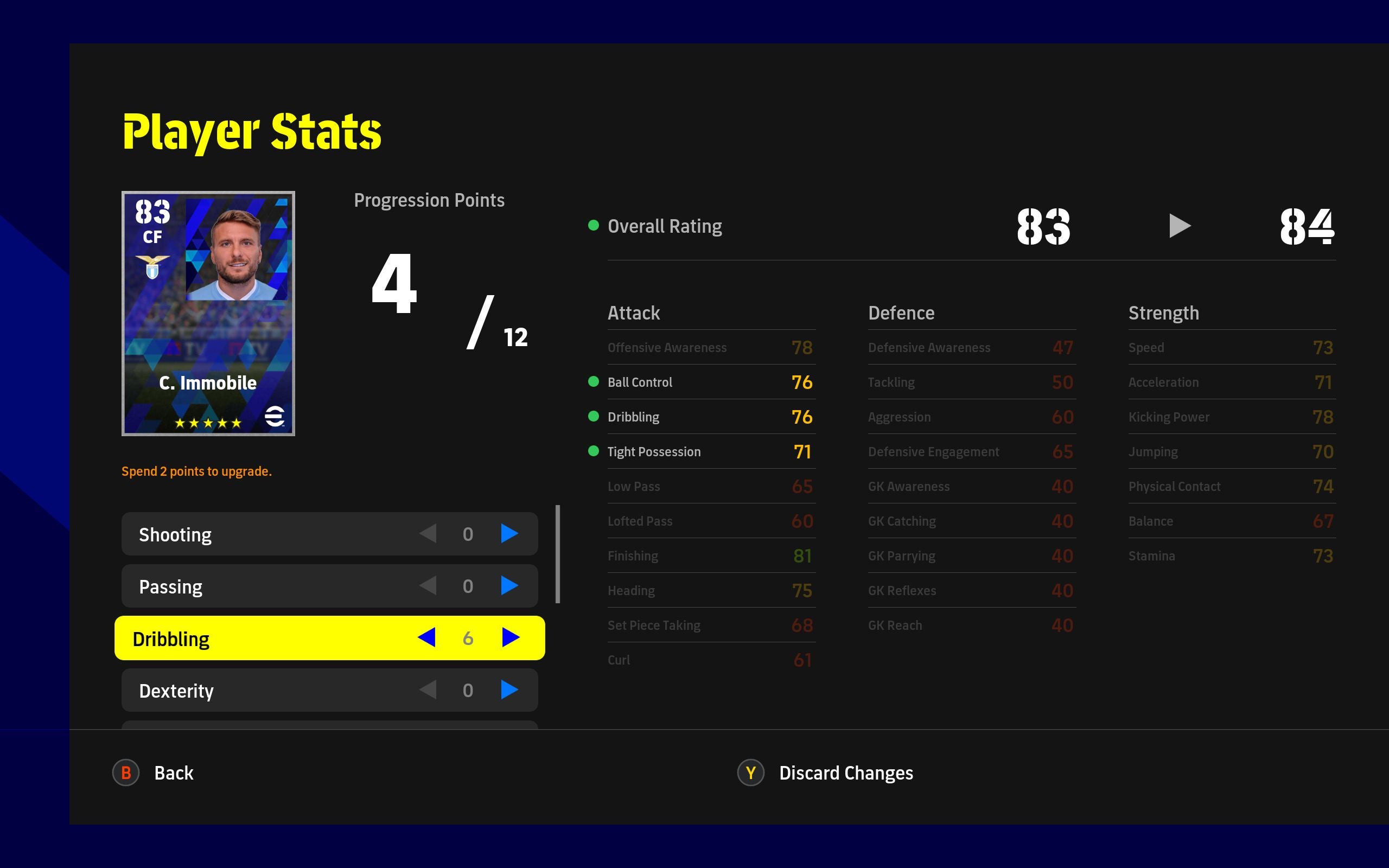 eFootball review: A view of the player stat editing screen where the player has two points to spend on Ciro Immobile, putting them into his Dribbling stat.