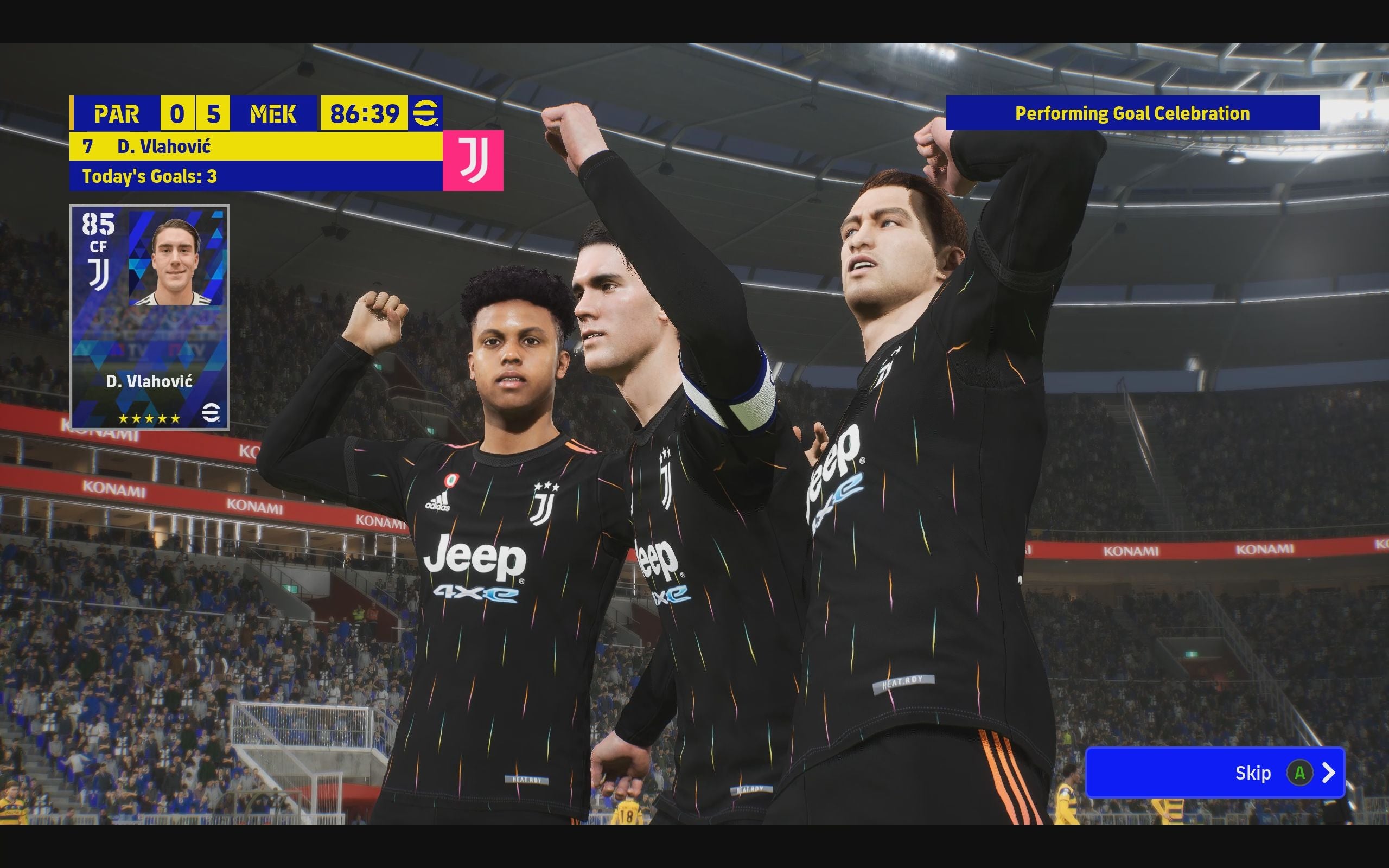 eFootball review: Three players in all-black Juventus kits celebrate Dusan Vlahovic's third goal in an 87th-minute 5-0 win.