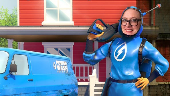 The PowerWash Simulator character in blue overalls, in front of a clean house and next to a clean blue van. Except, the face has been cut out and Ellie Gibson's face is there instead. Legend.