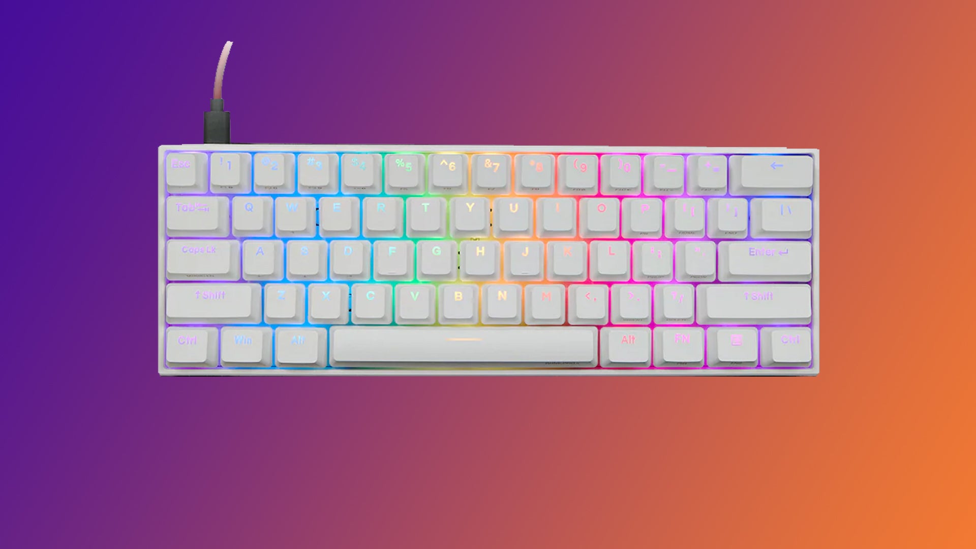 Image of an Anne Pro2 keyboard on a purple to orange gradient background