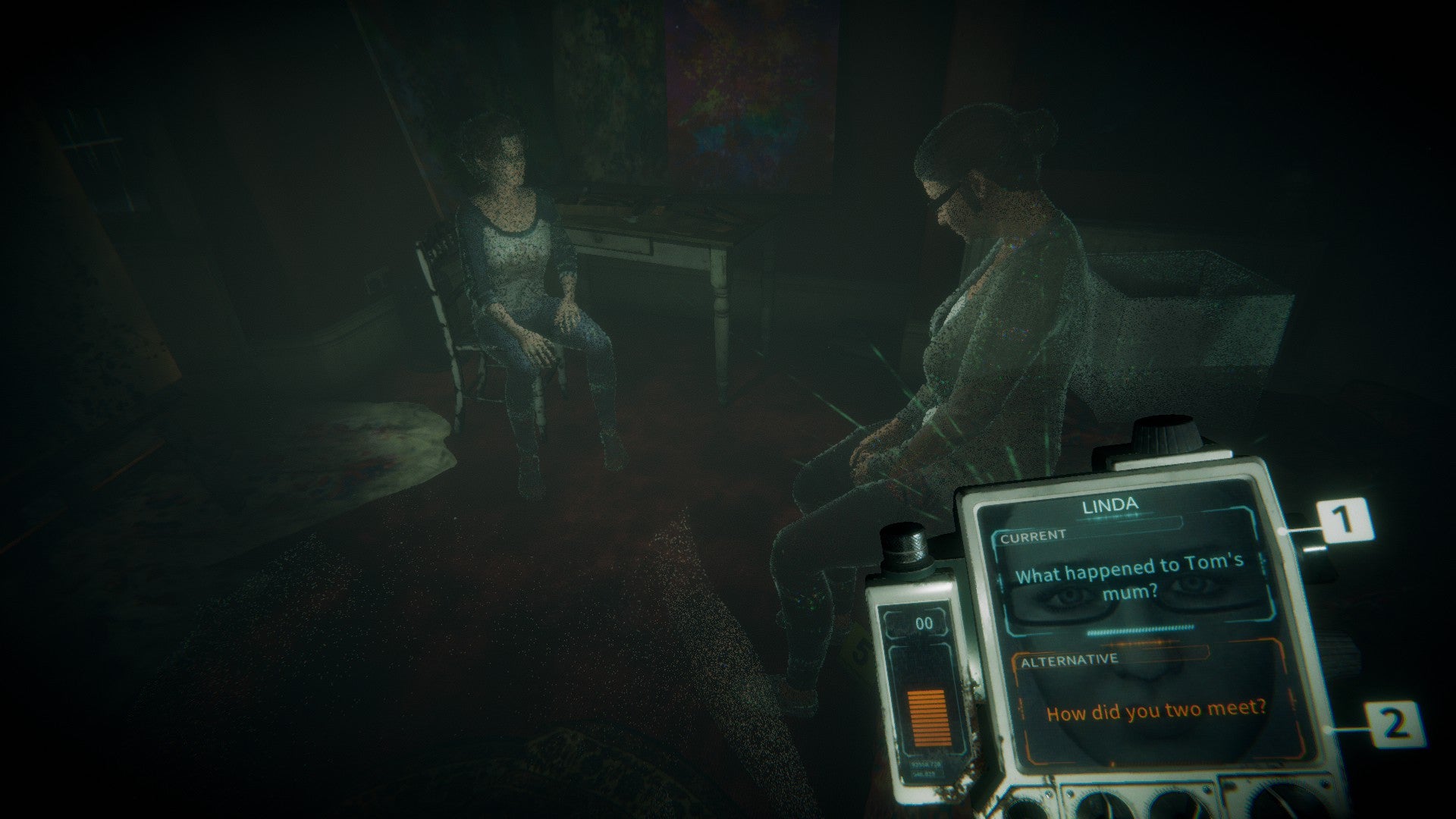 Revisão do Eternal Threads - scanner na mão, você olha para dois personagens sentados conversando