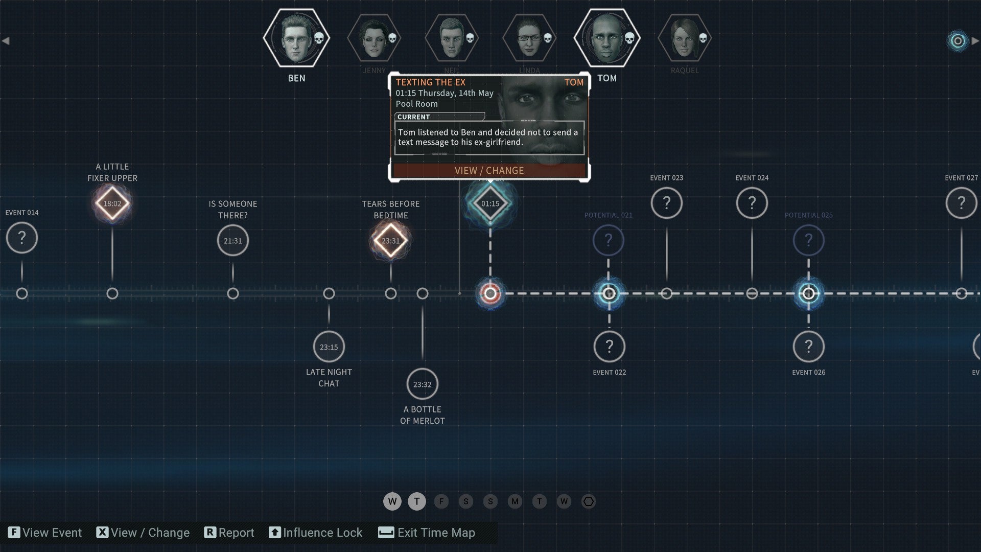 Eternal Threads review - the timeline screen with characters along the top, weekdays along the bottom, and a horizontal timeline through the middle with points you can skip to