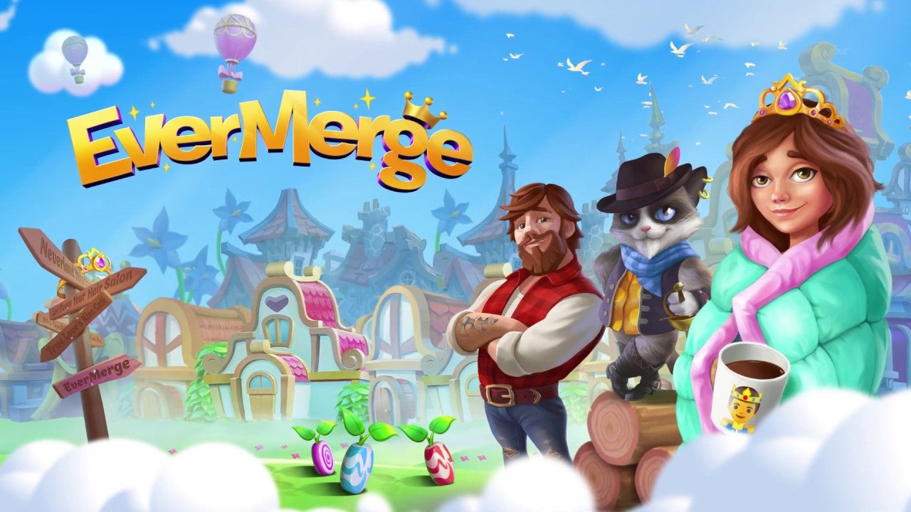 Promo art for EverMerge featuring Sleeping Beauty, a woman in a crown wrapped in a blanker and holding a coffee cup