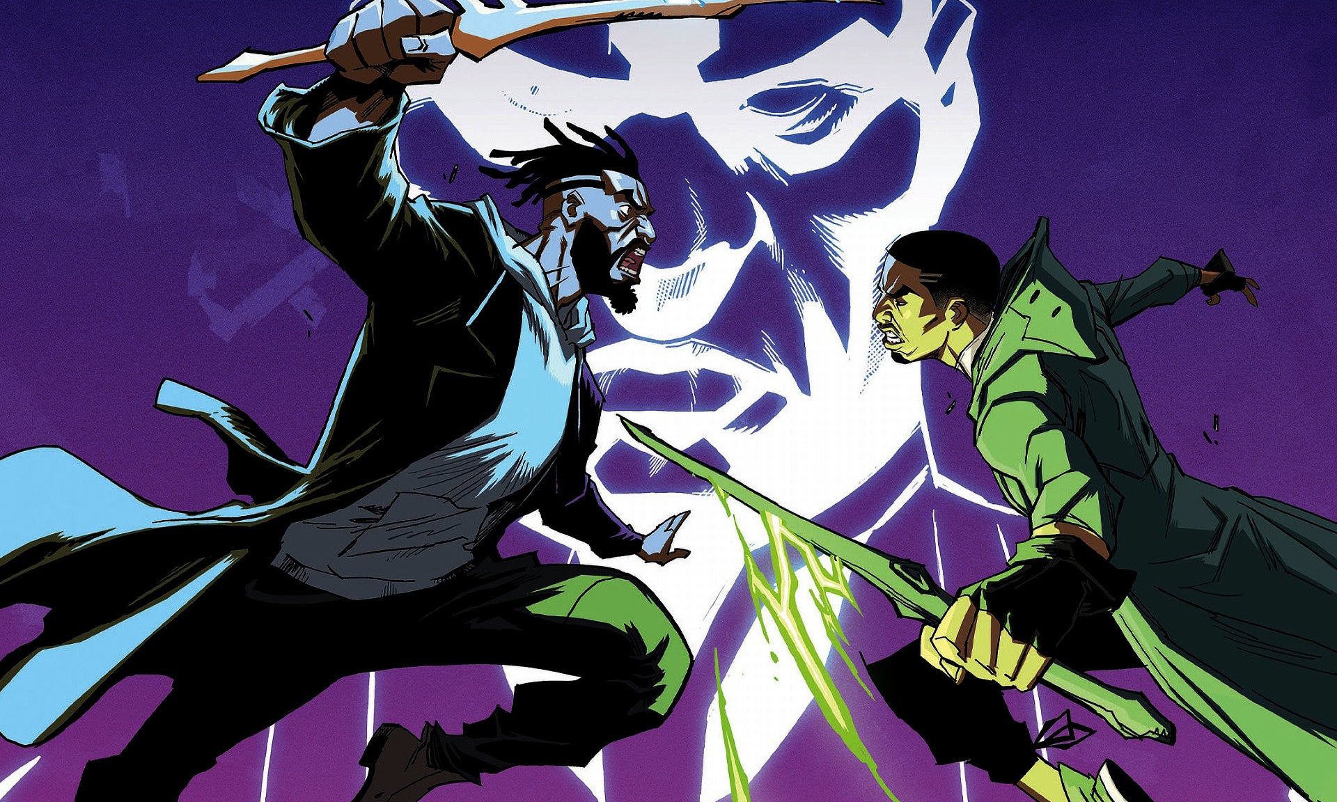 Illustration of two figures fighting with staffs, lit in blue and green against a purple background