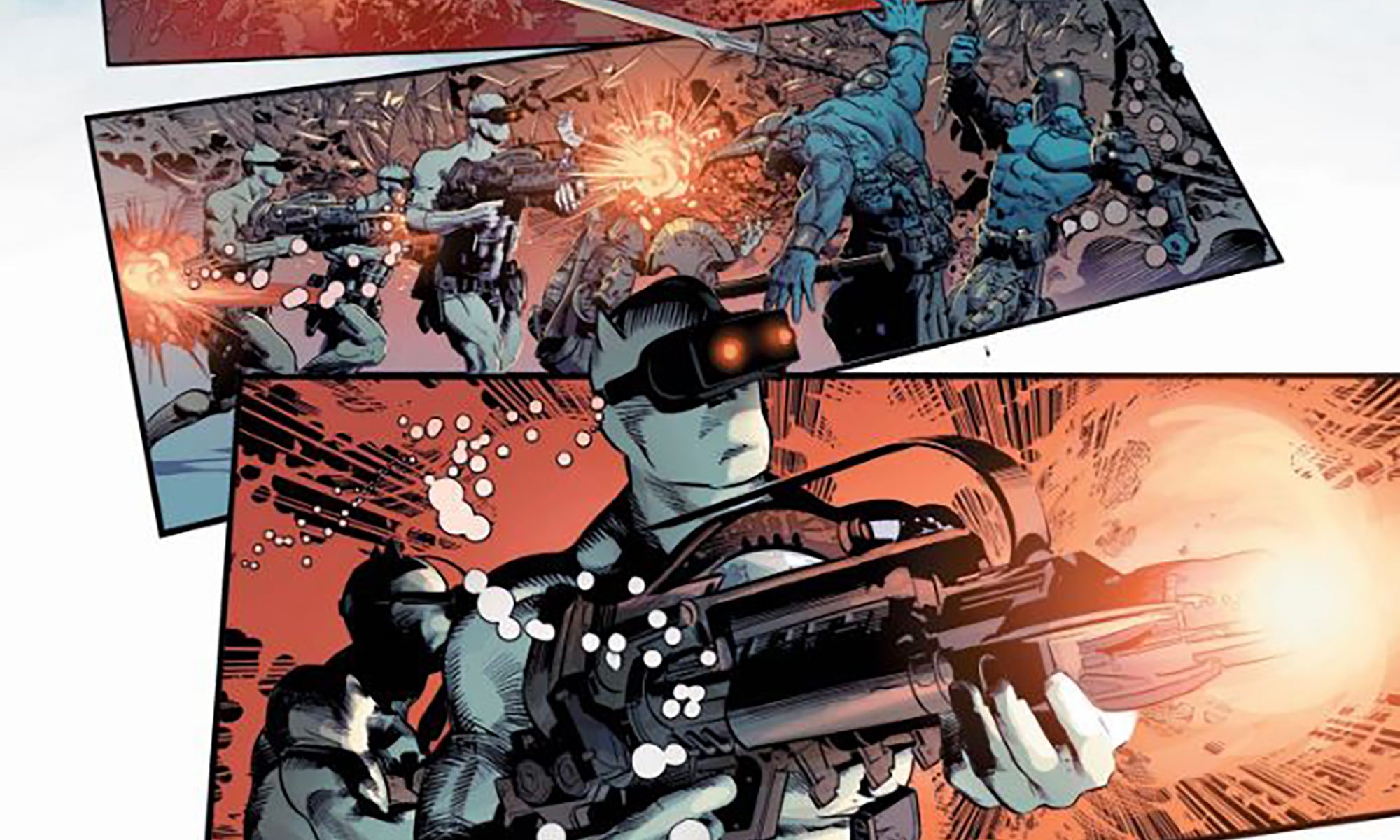 The Wakandan elite soldiers, the Hatut Zeraze, lead an all-out assault on Atlantis. From New Avengers (2013) #8. Written by Jonathan Hickman, art by Mike Deodato, Color Art by Frank Martin, Letters by Joe Caramagna.
