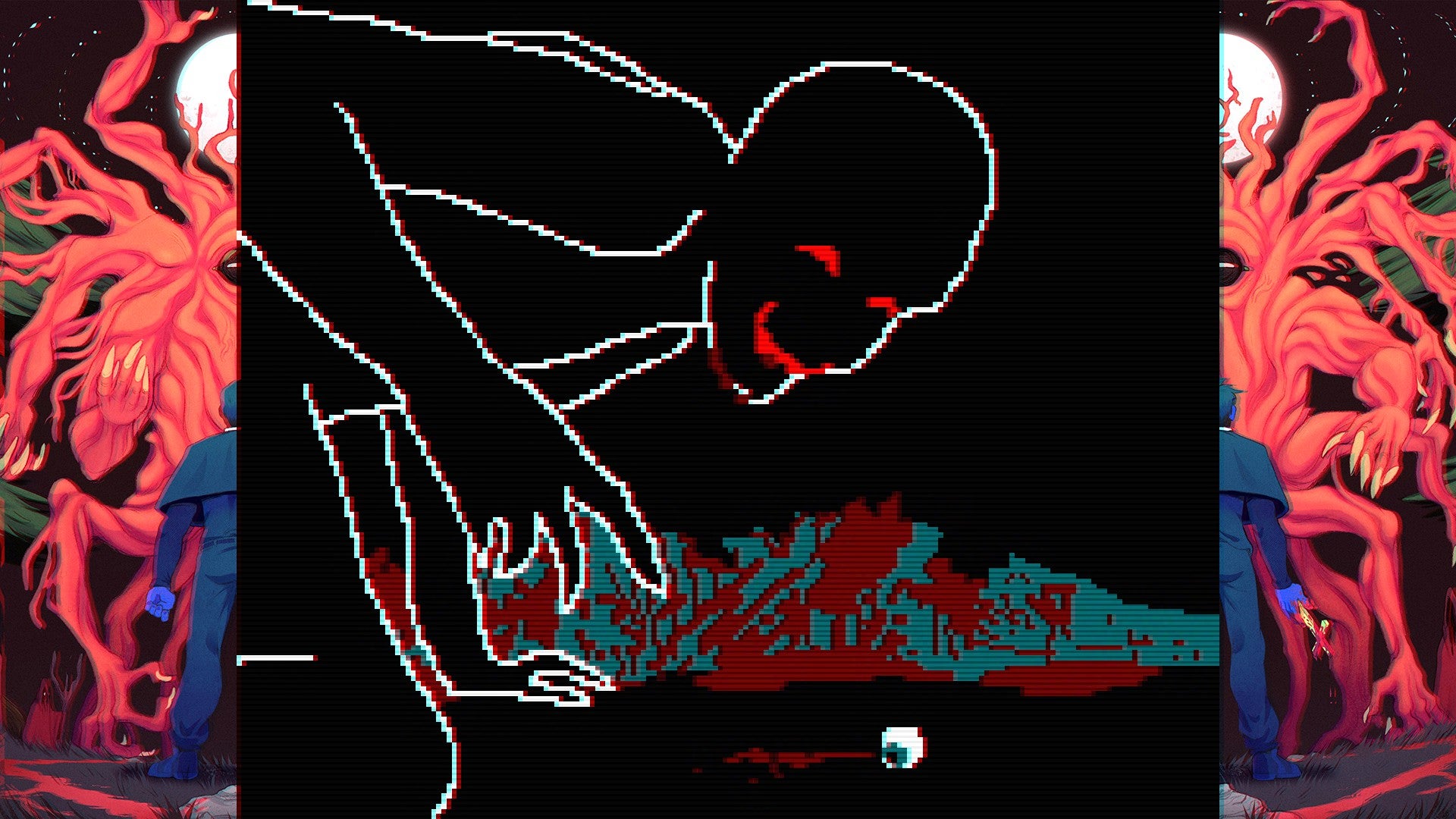 A creepy image. The outline of a humanoid creature with red eyes and blood dripping from its mouth, turning to the viewer. It is on its hands and knees eating a body. An eyeball sits on the floor nearby.