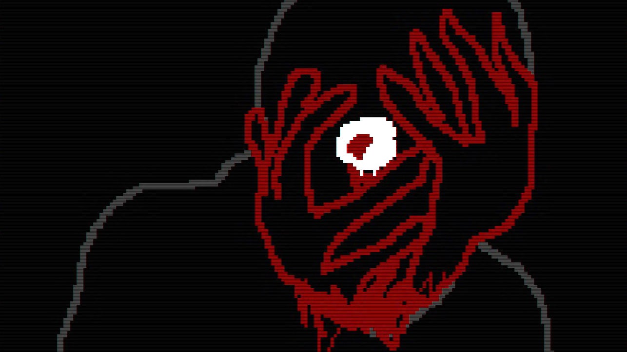 A very simple line drawing of a human figure, on a black backdrop, but their hands are holding their face, and their hands are bloody and red. All that can be seen on the face is a crudely drawn white eye peeking out, and it too is bleeding. It's a disturbing image.