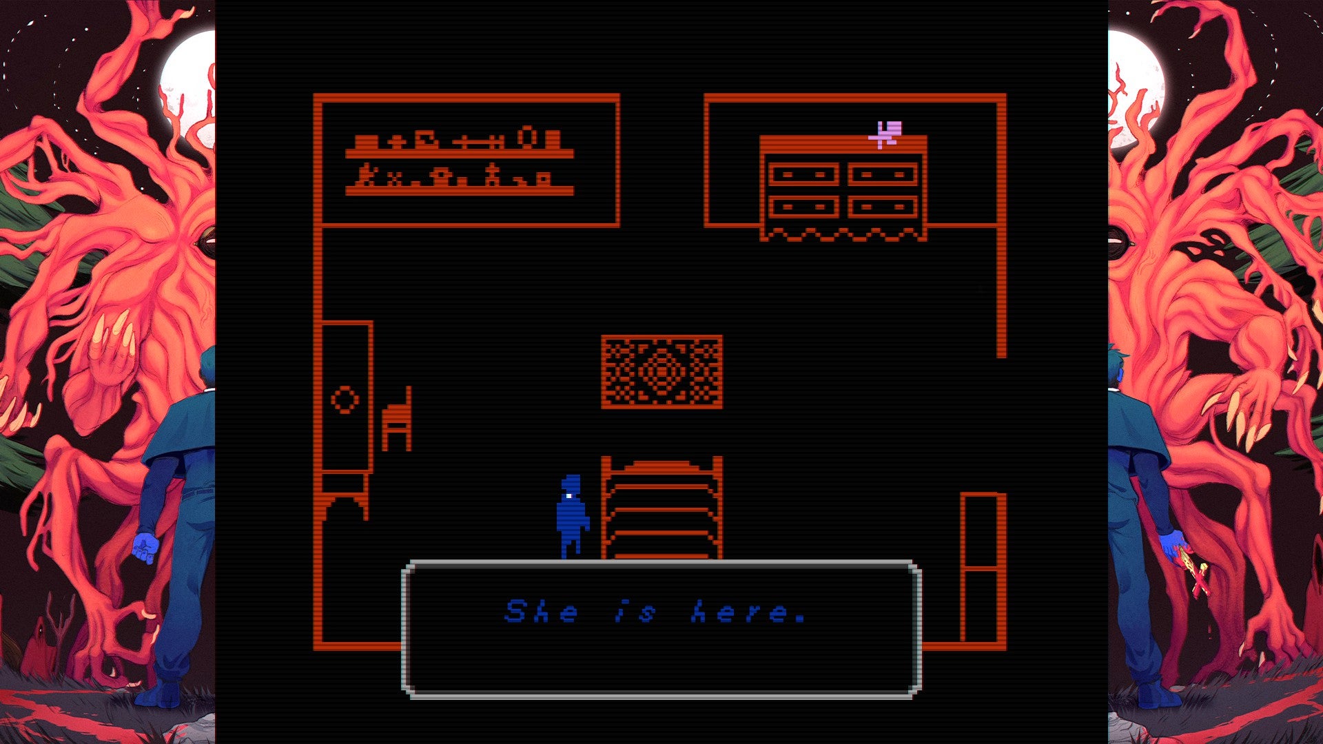 A very simple screen with a outlined room from above, drawn in one color against a black background.  There's a blue blob who is the character, and then there's a dialog that says: "She's here.'