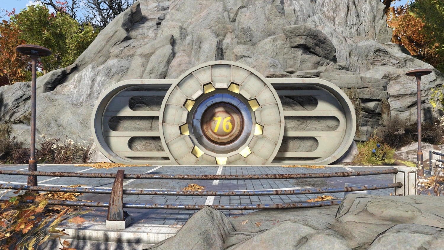 Screen z gry Fallout 76, prezentujący wejście do schronu 76