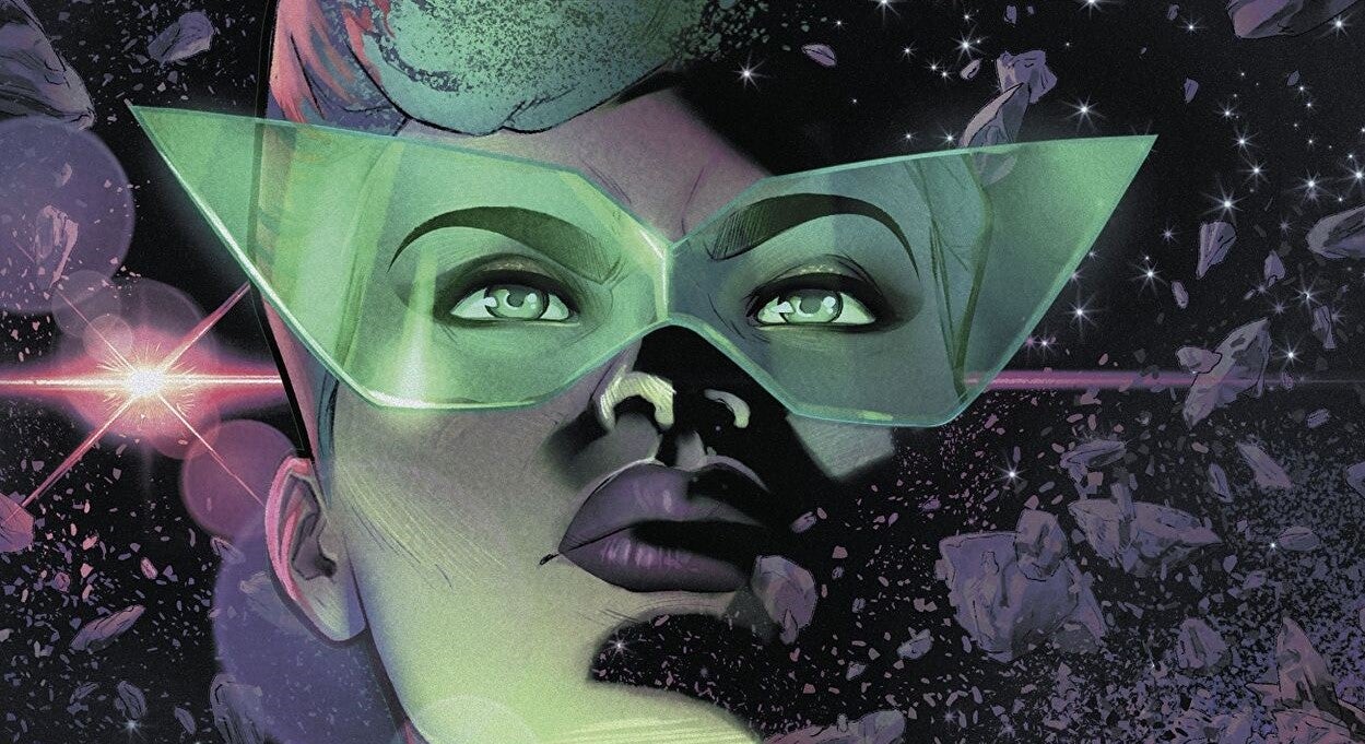 Cropped illustration of a woman wearing large green glasses with space and astroids in the back