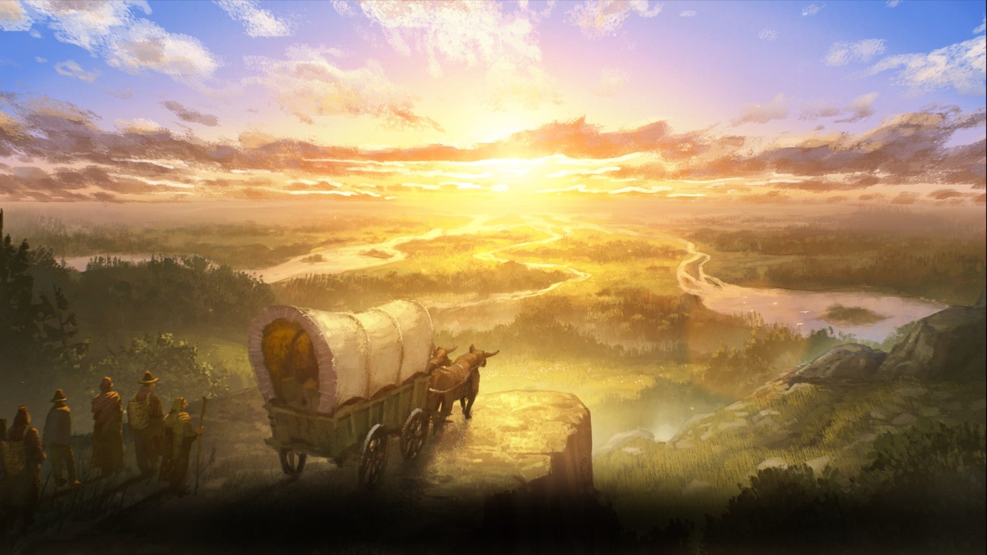 A painterly image of a wagon on a peak at sunset, overlooking a lush land of new starts and promise.
