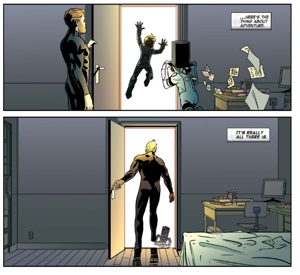 FF Panels featuring older Franklin following younger Franklin into a door