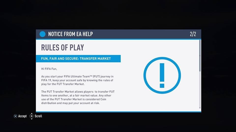 19 in-game message warns FUT against coin distribution |