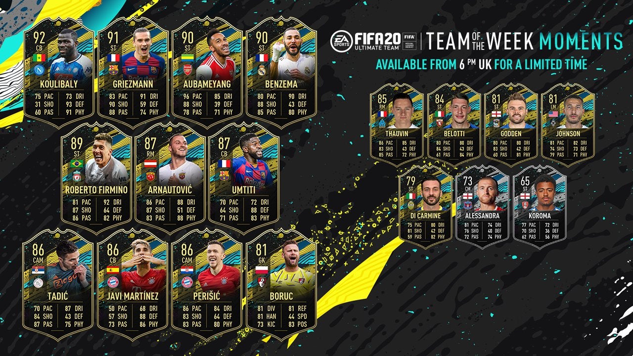 FIFA 20 TOTW Moments 6 all players included in the 6th Team of the Week Moments from 2nd April - 65