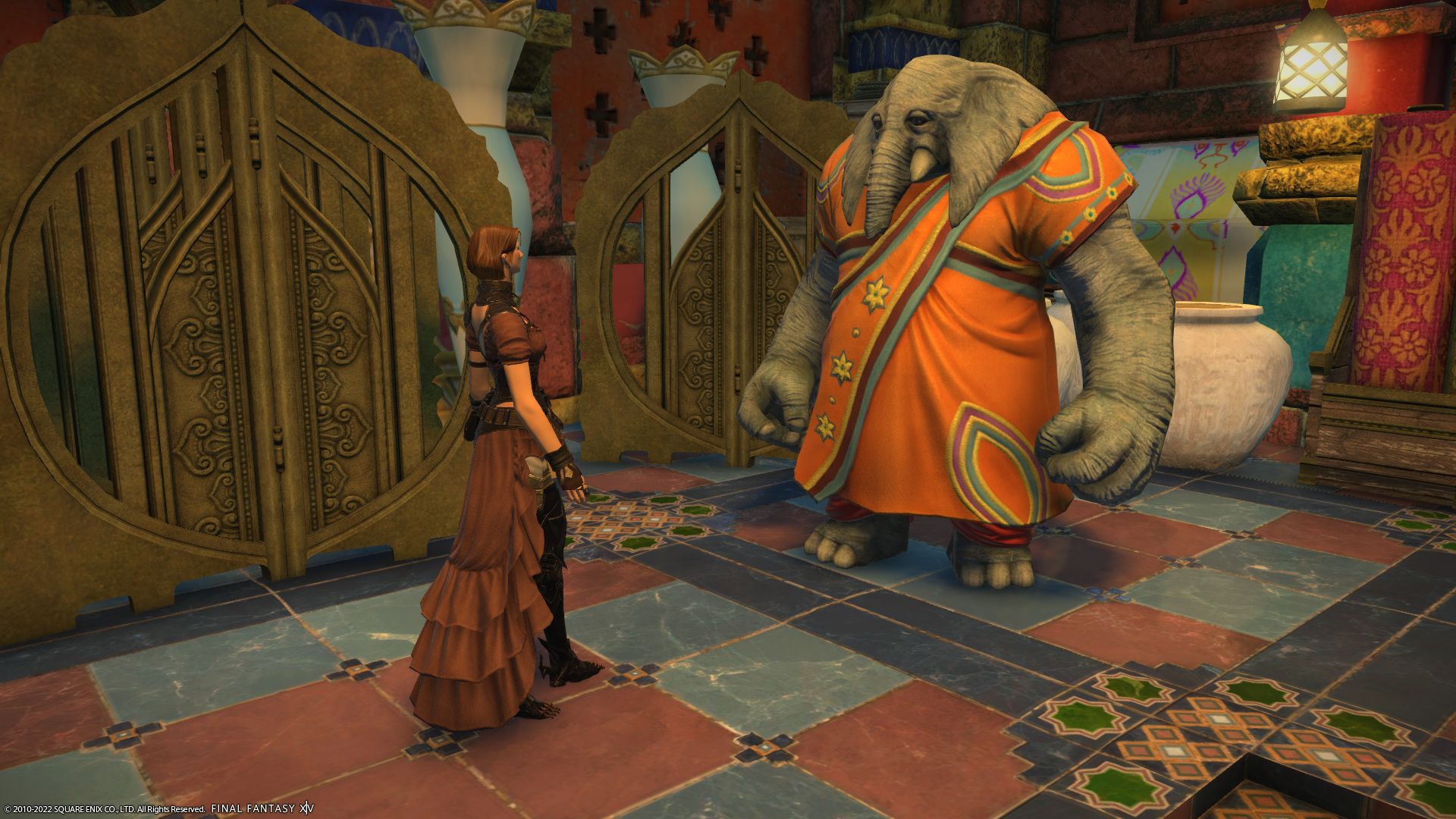 FF14 State of the Game - player inside talks to a humanoid elephant wearing an orange robe