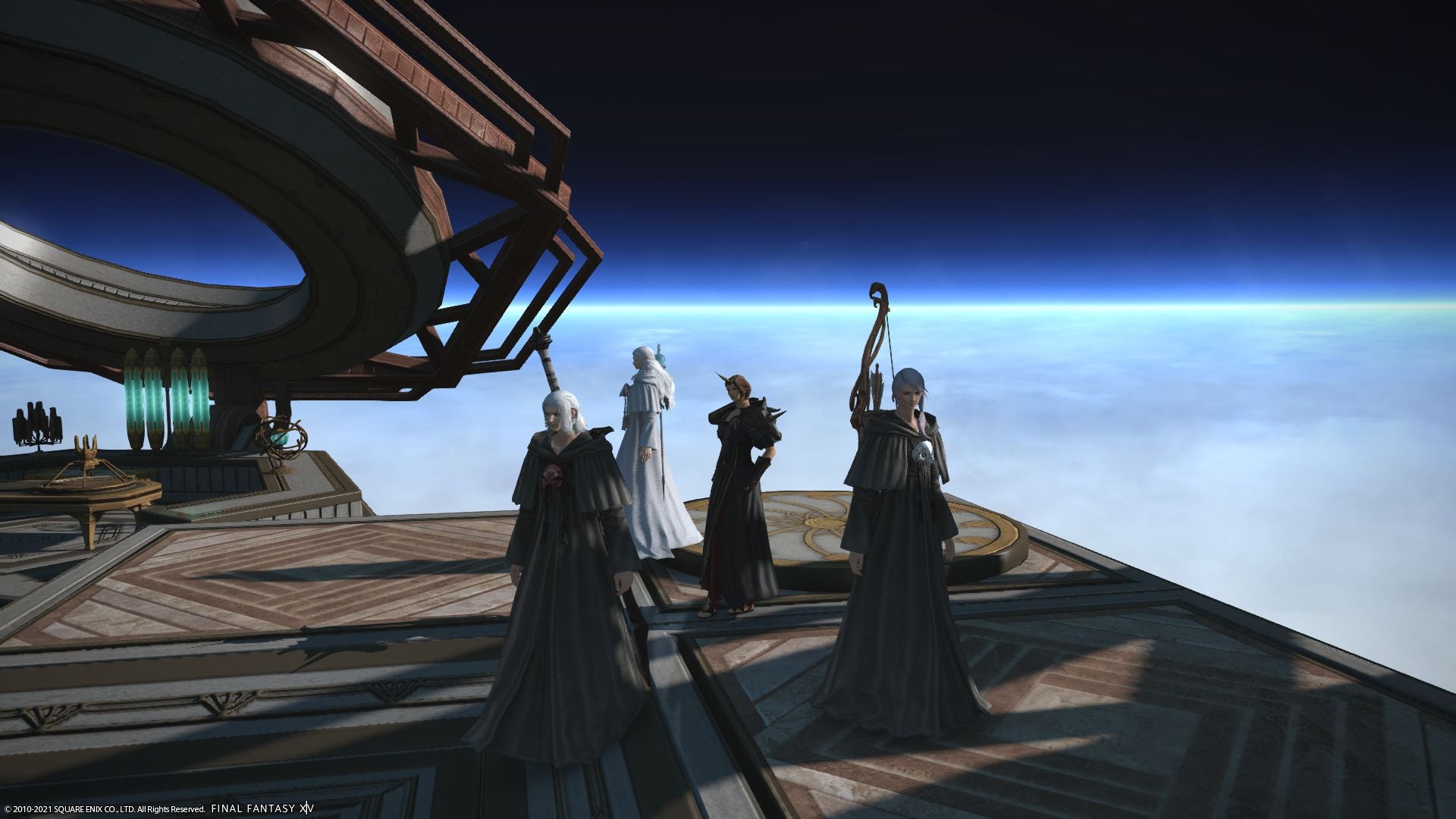FF14 State of the Game - a group of six players on a platform in space