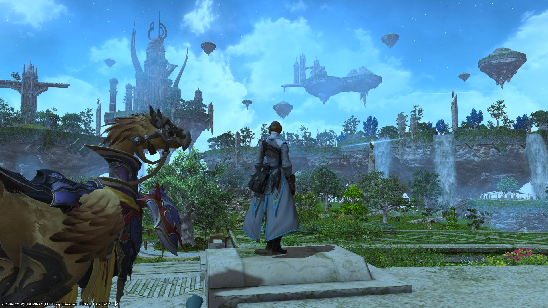 FF14 State of the Game - player and nearby mount look towards bustling landscape under blue sky