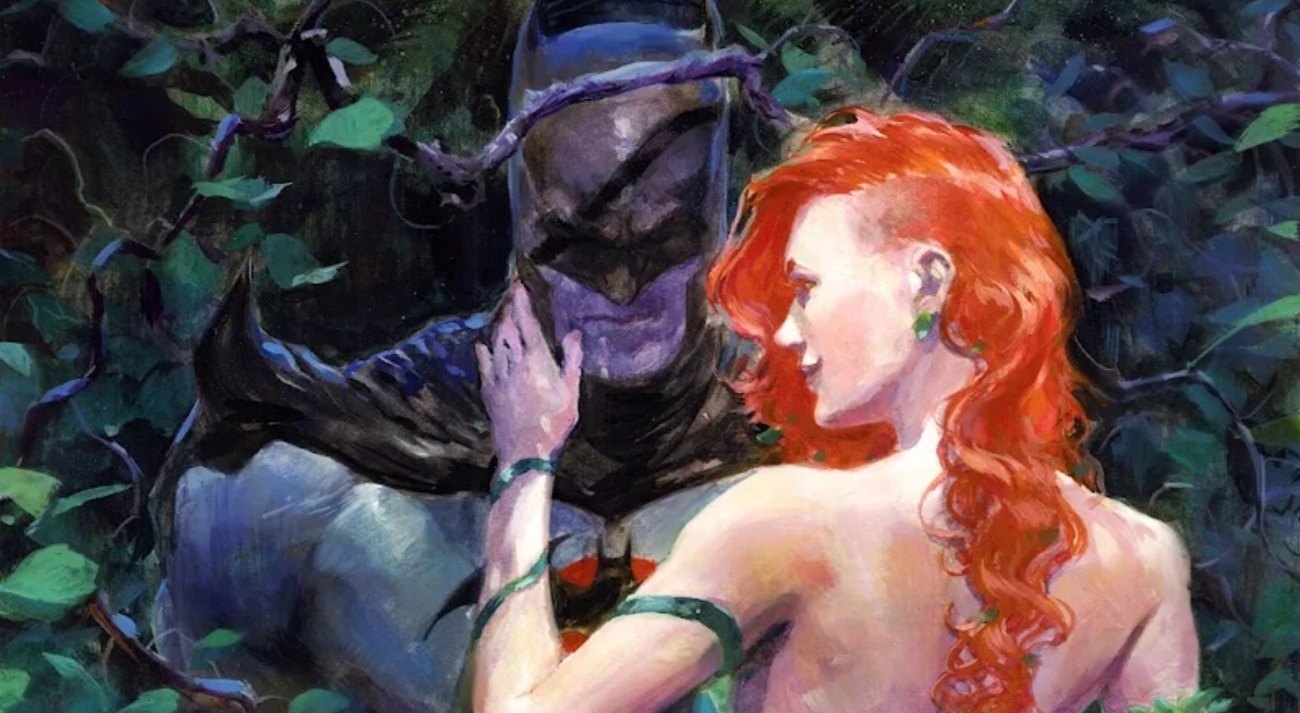 Image of Poison Ivy touching Batman's face