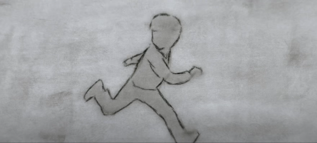 Still image of a sketched child form running on a grey toned background